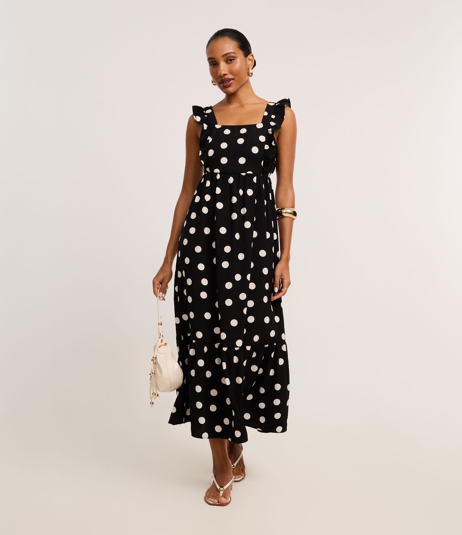 Vestido Evasê Longo em Airflow com Estampa Poá Preto/Branco 3