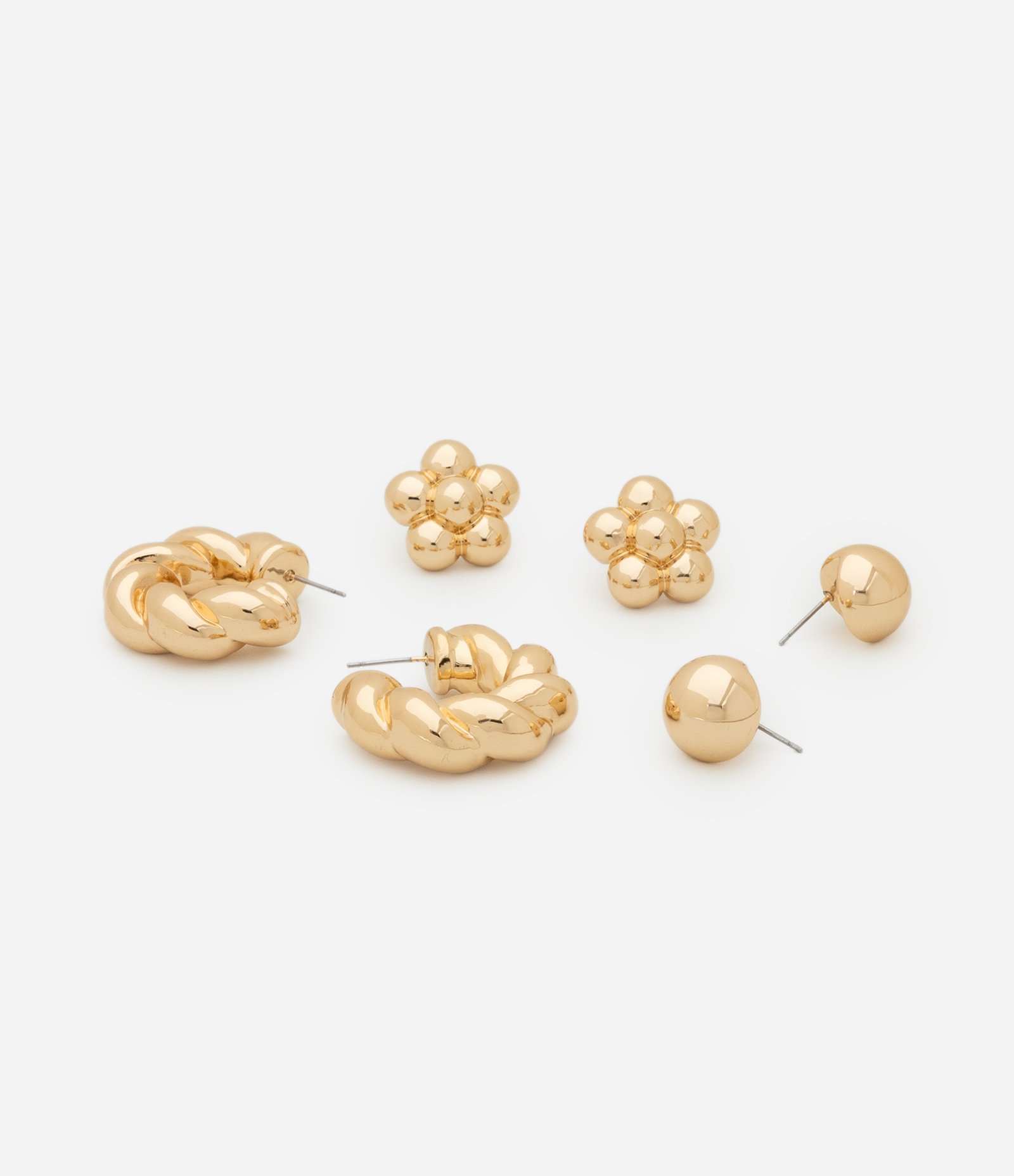 Kit 03 Brincos Pequenos em Plástico Argola e Botão Dourado 2