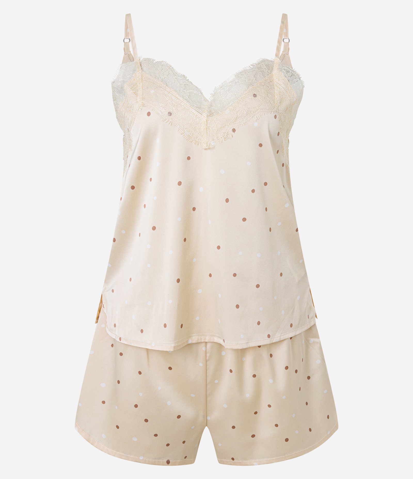 Pijama Short Doll em Cetim Poá com Detalhe de Renda Amarelo 5