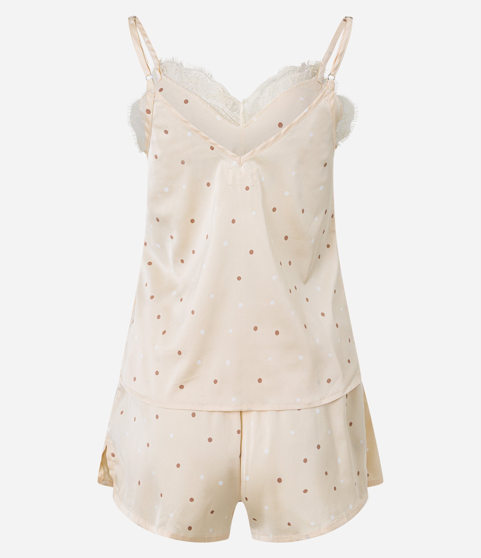 Pijama Short Doll em Cetim Poá com Detalhe de Renda Amarelo 7