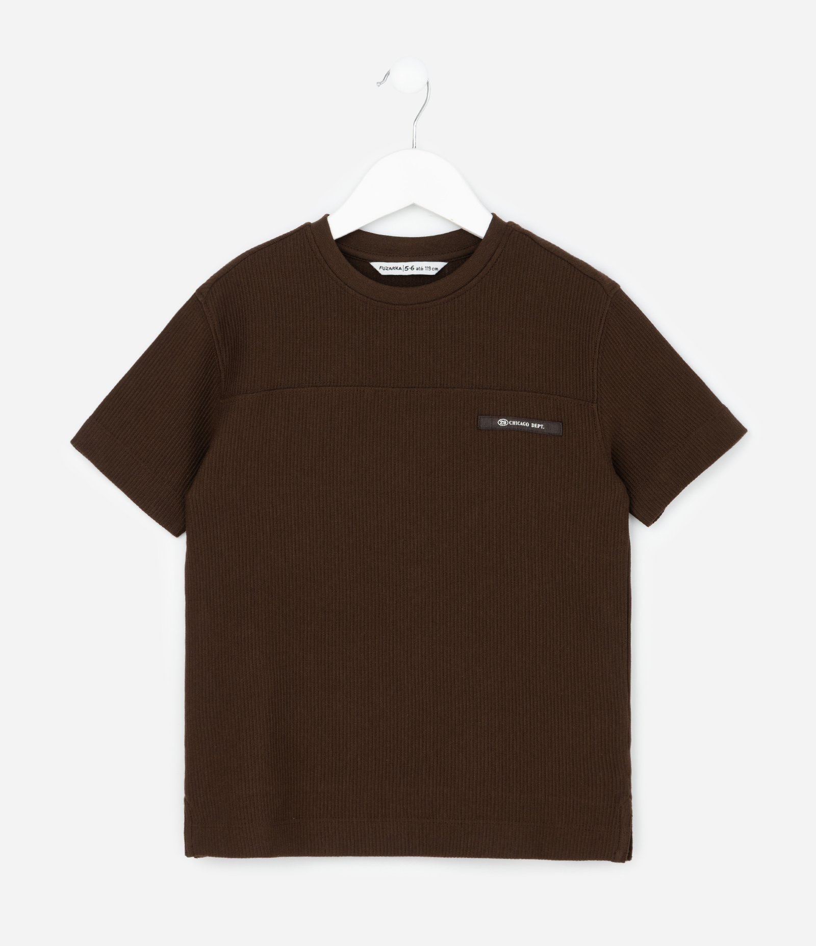 Camiseta Infantil Canelada com Etiqueta Aplicada - Tam 5 a 14 Anos Marrom 1