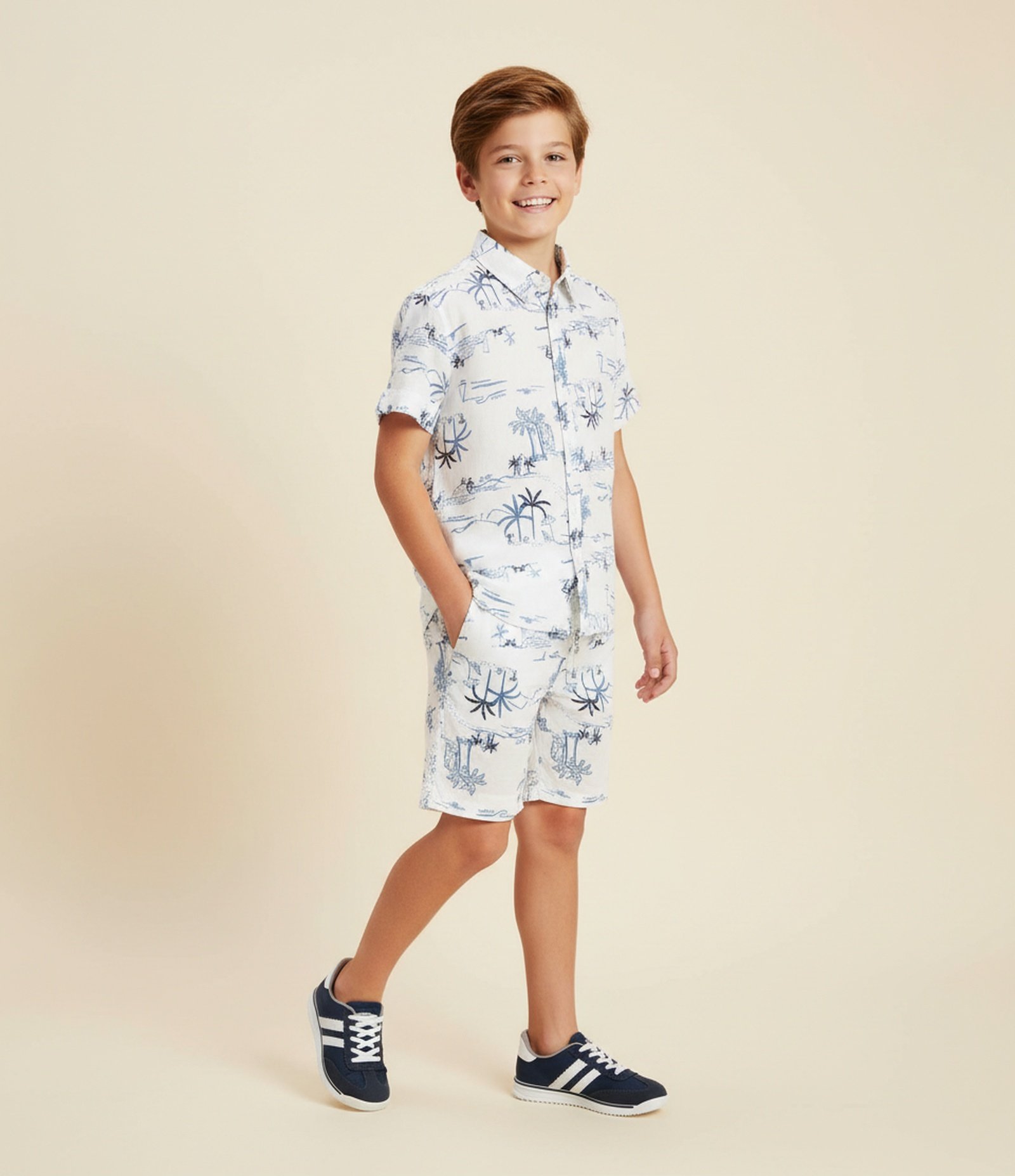 Bermuda Infantil de Banho em Viscolinho com Estampa de Praia - Tam 5 a 14 Anos Branco 1