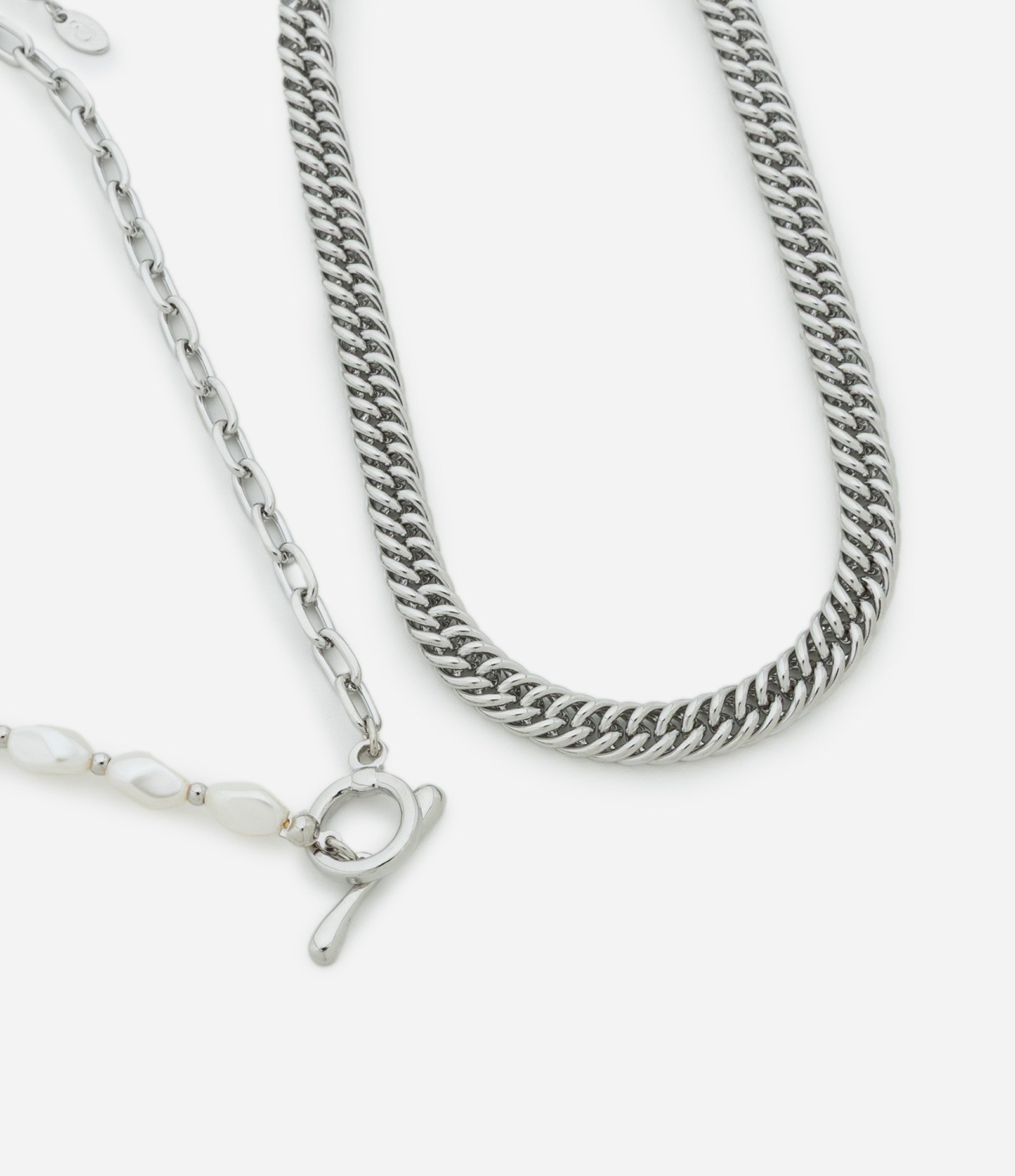 Colar Camadas com Elos e Pérola Artificial Prata 1