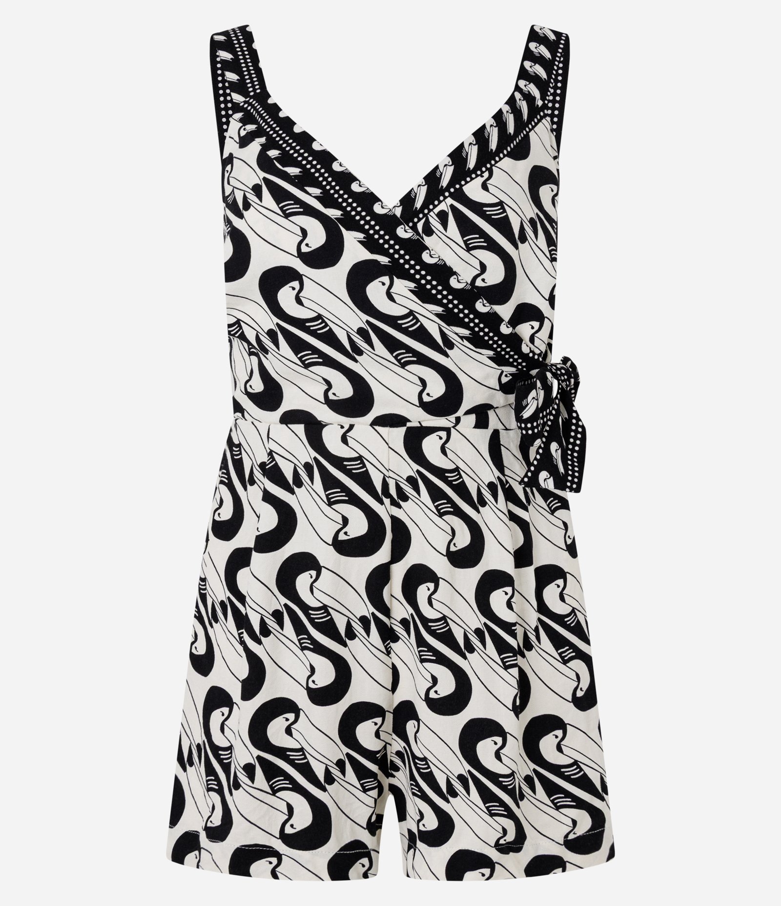 Macaquinho em Viscose com Transpasse e Estampa Tucanos Preto 5