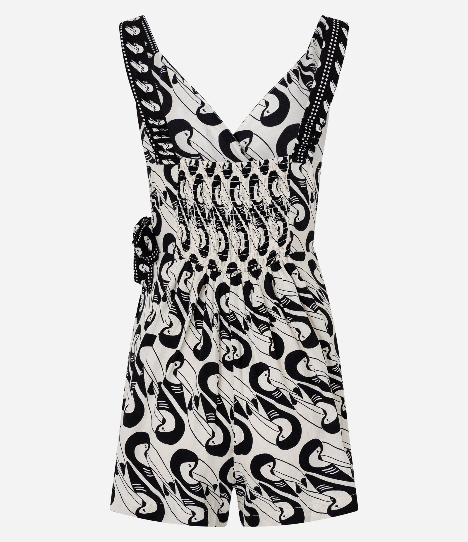 Macaquinho em Viscose com Transpasse e Estampa Tucanos Preto 6