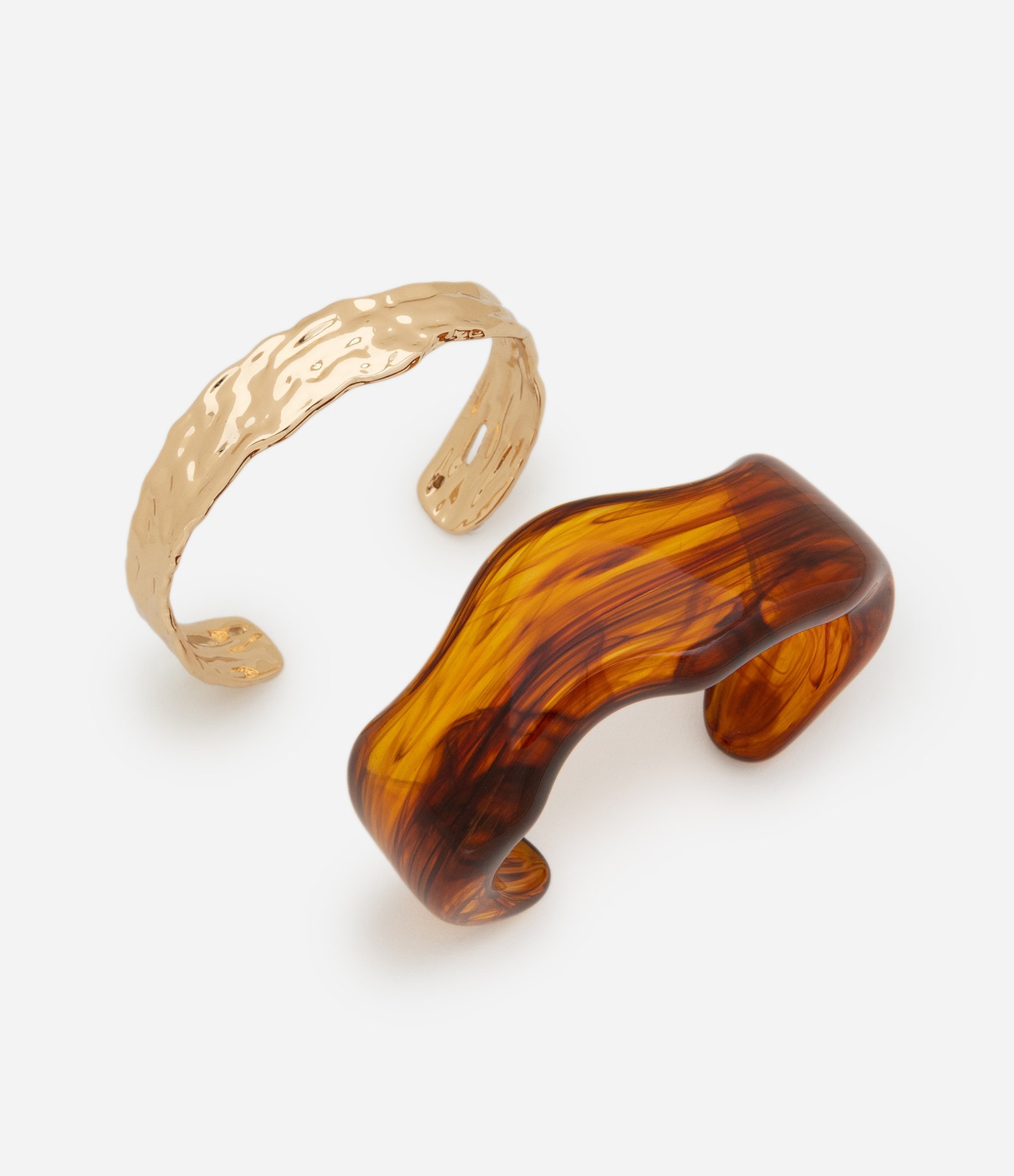 Kit 02 Braceletes Rígidos Abertos em Resina e Metal Marrom/Dourado 2