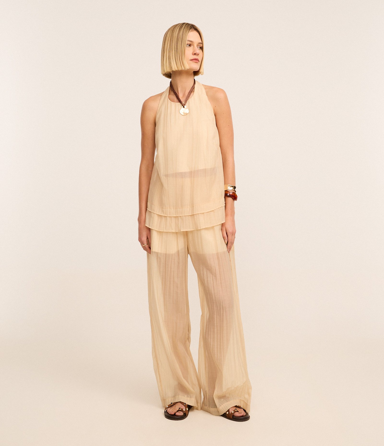 Calça Wide Leg em Liocel com Cintura Alta e Textura Bege 1