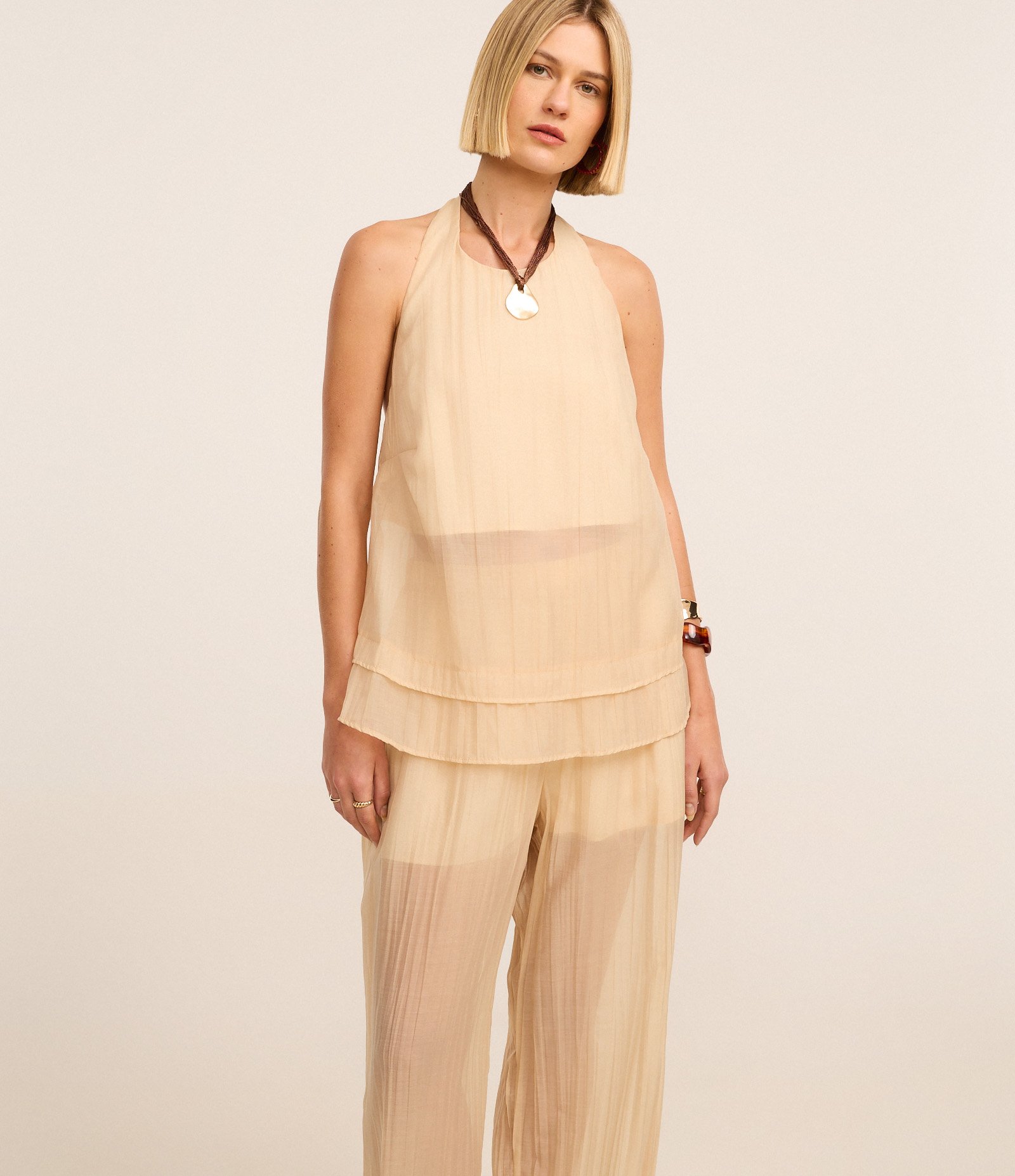 Calça Wide Leg em Liocel com Cintura Alta e Textura Bege 2