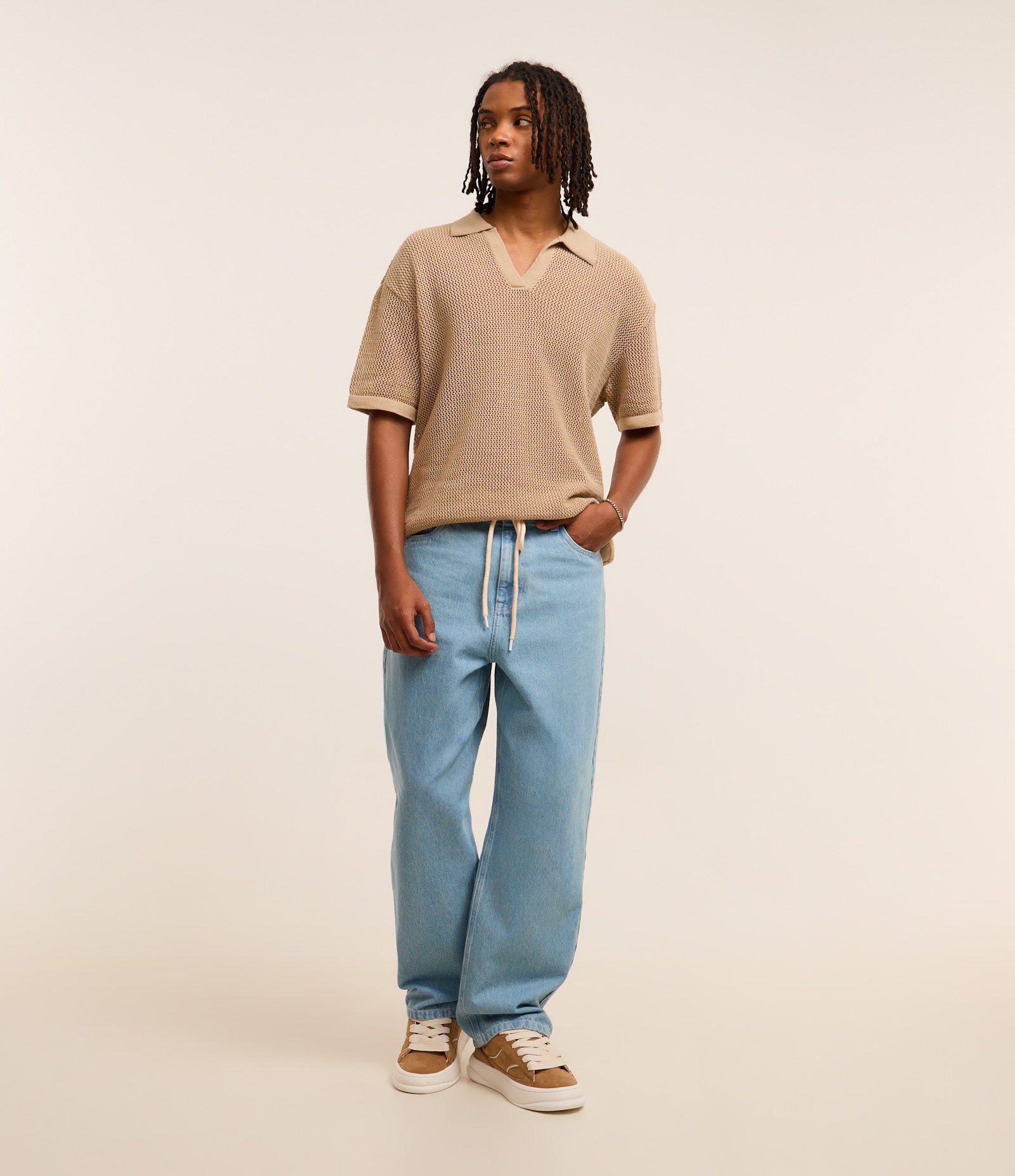 Calça Baggy Relaxed em Jeans com Cadarço na Cintura Azul 2