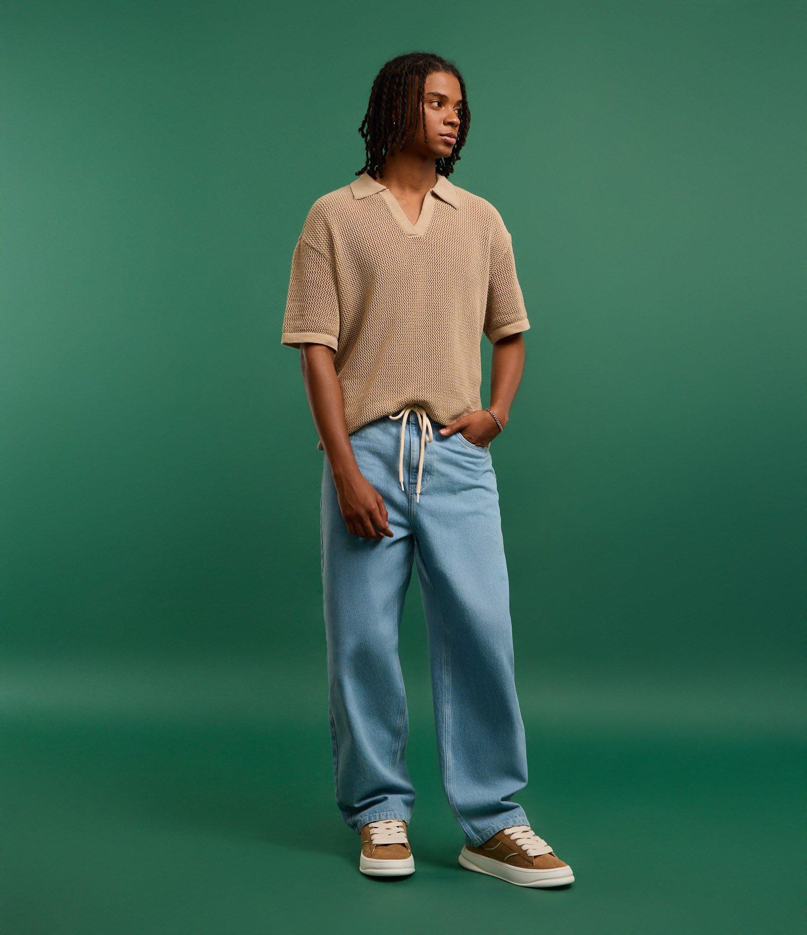 Calça Baggy Relaxed em Jeans com Cadarço na Cintura Azul 3