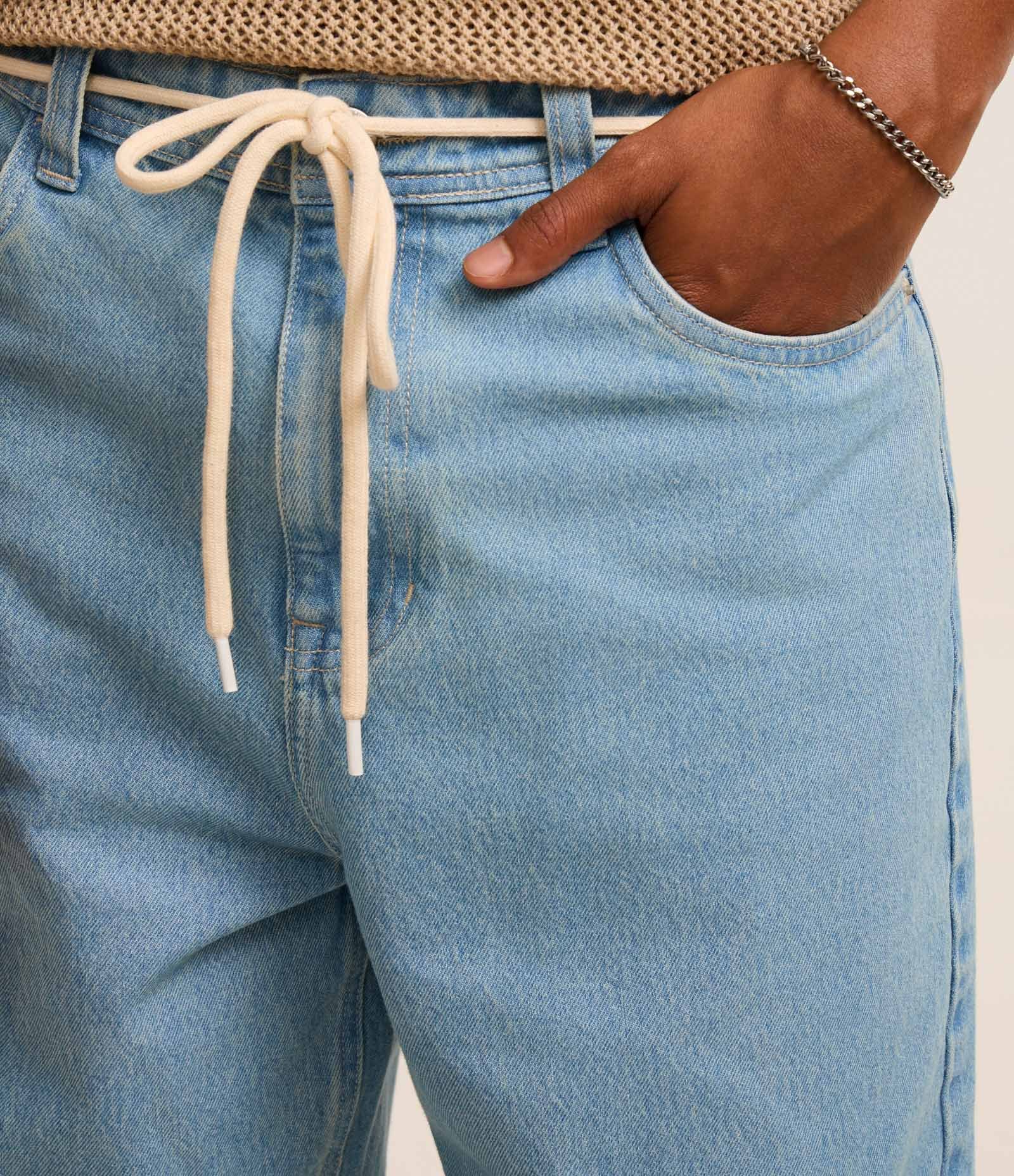 Calça Baggy Relaxed em Jeans com Cadarço na Cintura Azul 4