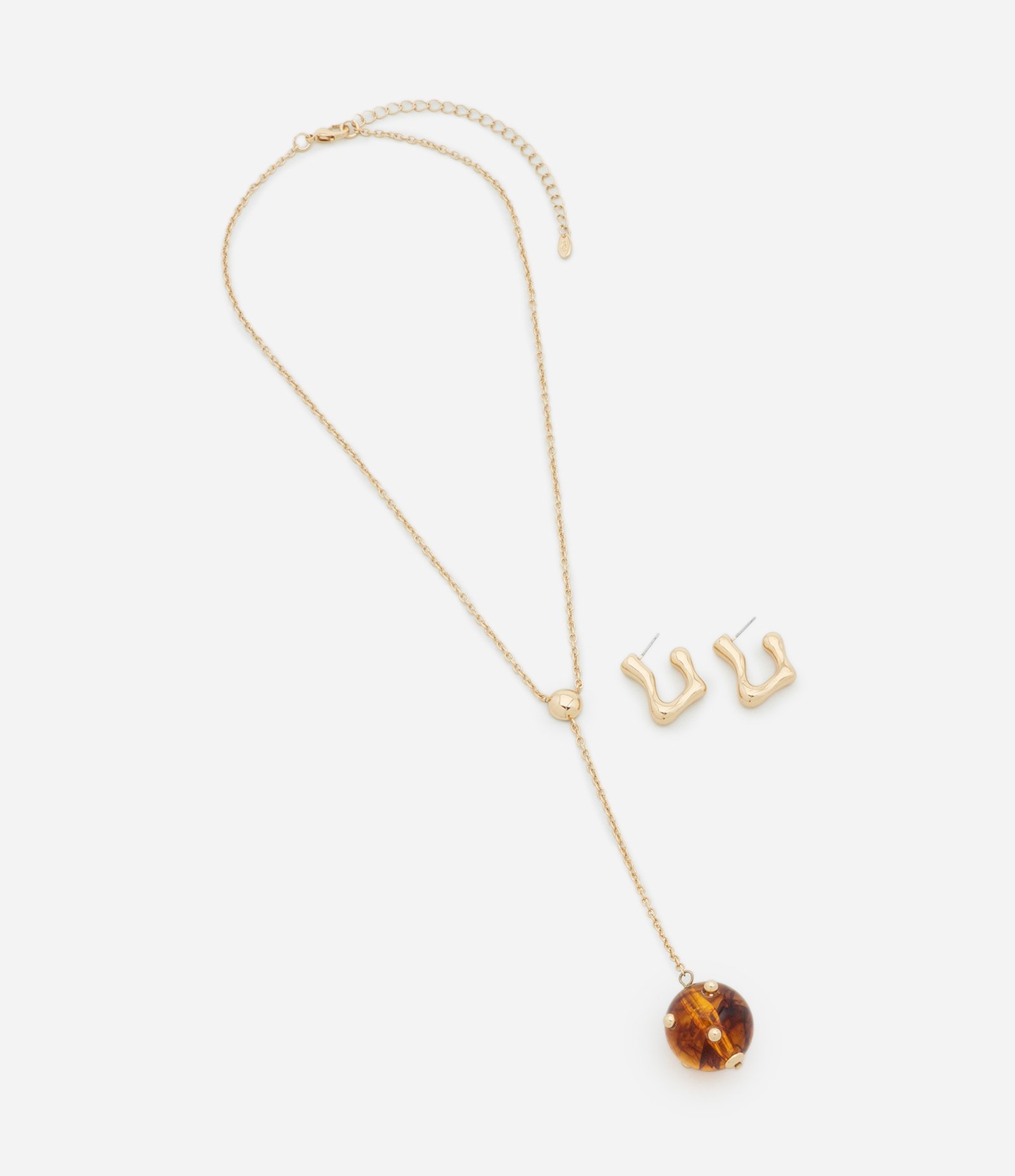 Conjunto de Colar Gravata com Pingente Esfera e Brinco Argola Orgânica Dourado 3