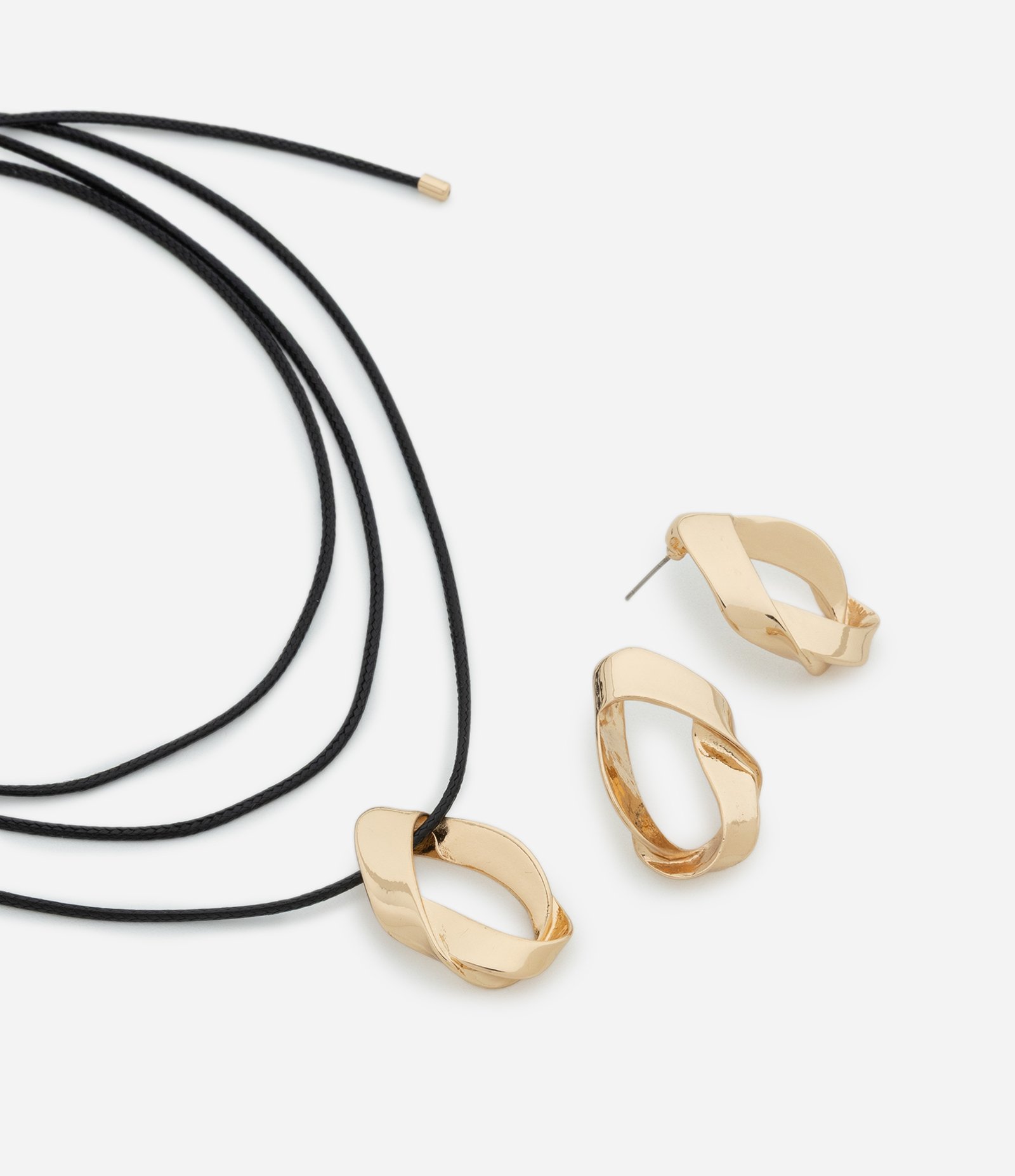 Conjunto de Colar Cordão Encerado com Pingente e Brinco Argola Torcido Preto/Dourado 1