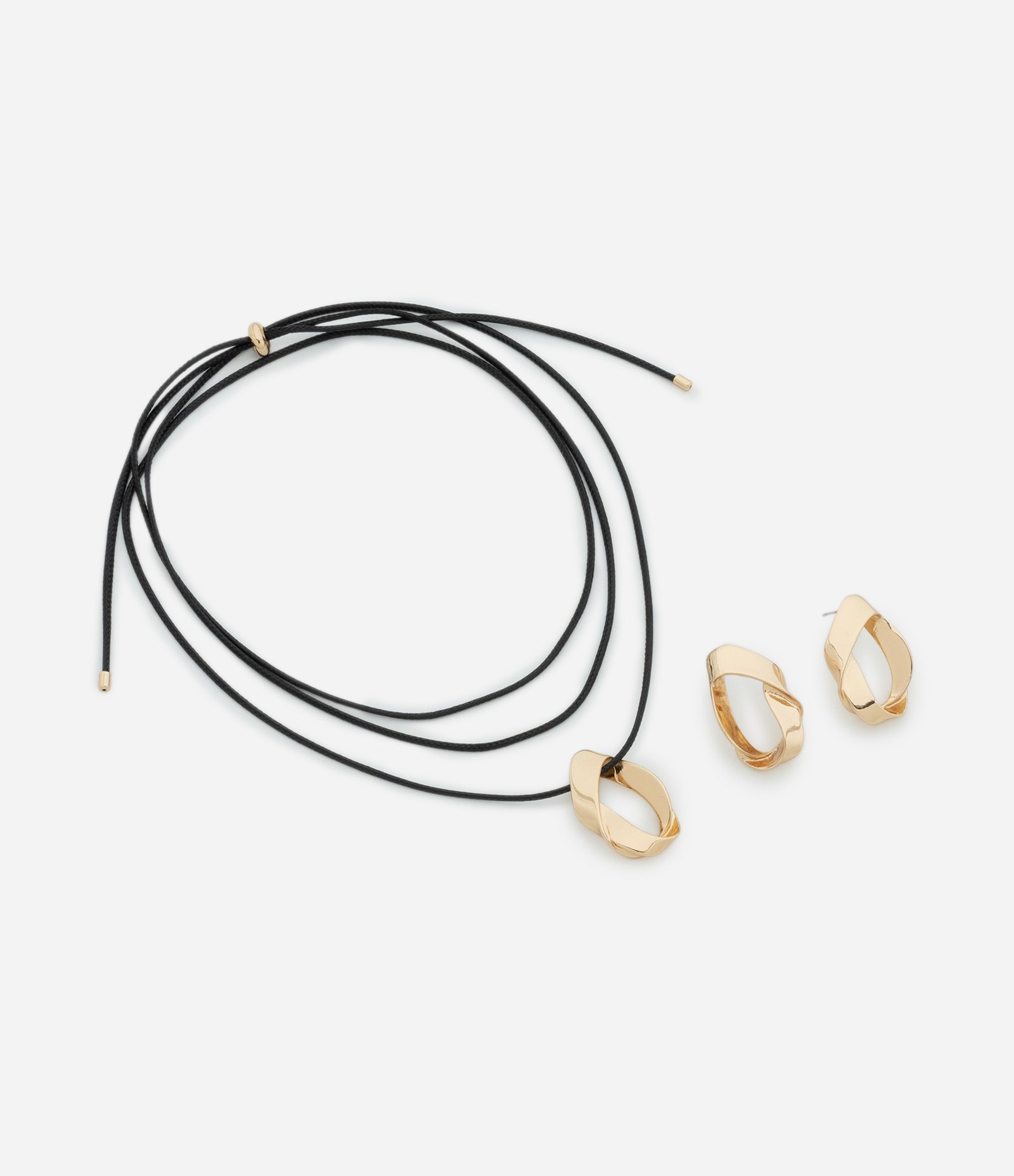 Conjunto de Colar Cordão Encerado com Pingente e Brinco Argola Torcido Preto/Dourado 2