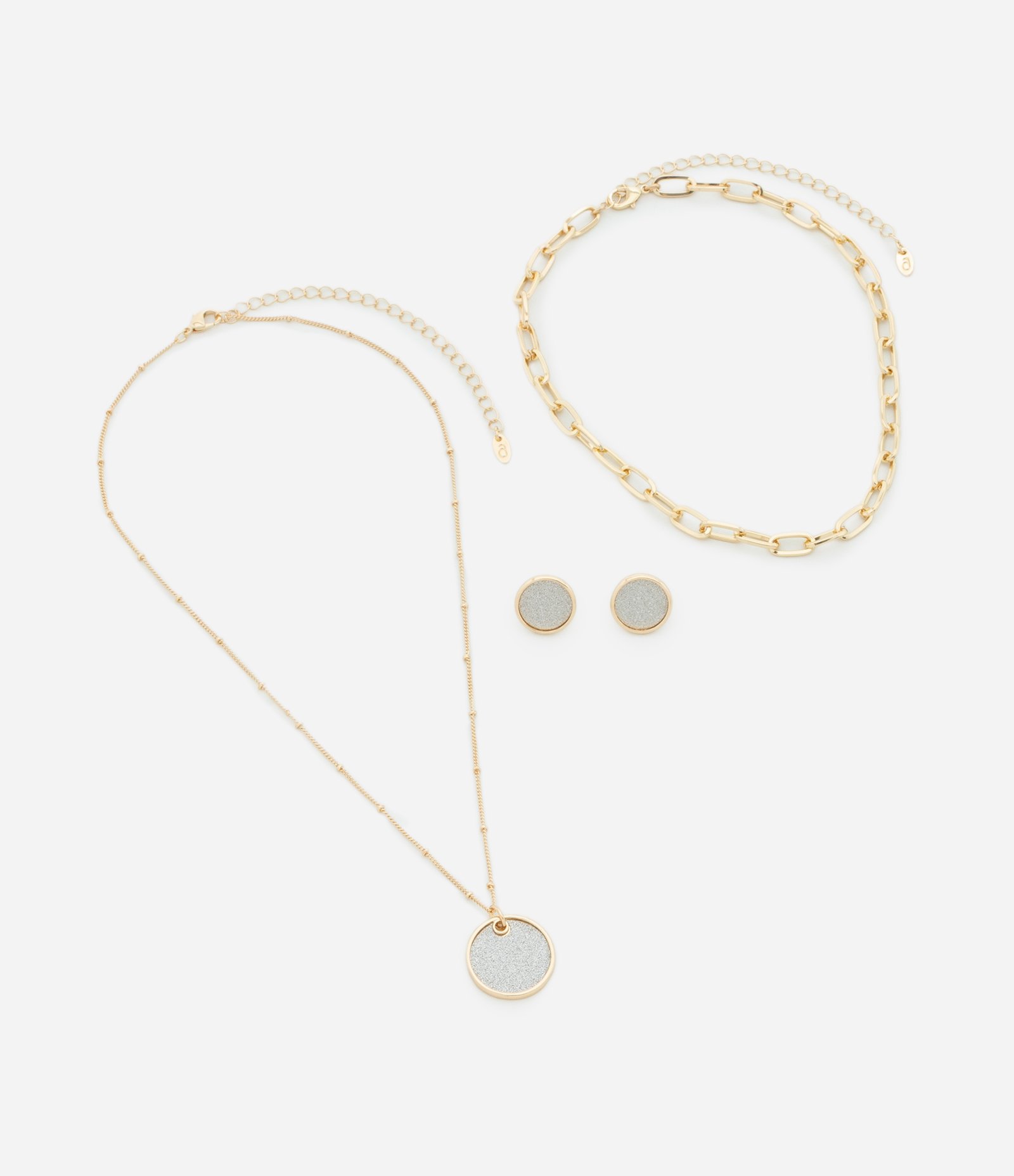 Conjunto de Colar Camadas com Corrente Fina e Elos e Brinco Botão com Brilho Dourado 2