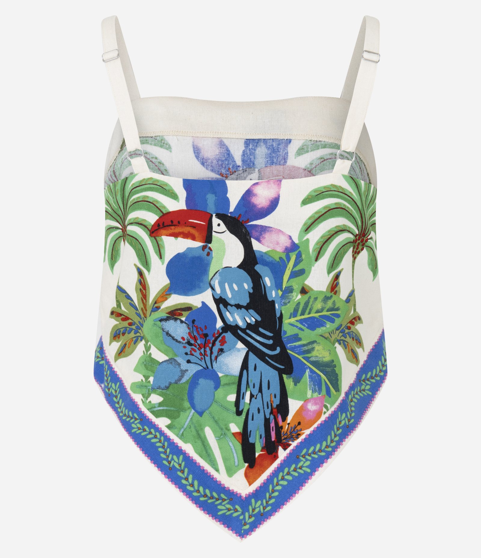 Blusa Baby Look em Viscose com Estampa de Tucano e Barra em V Bege 6