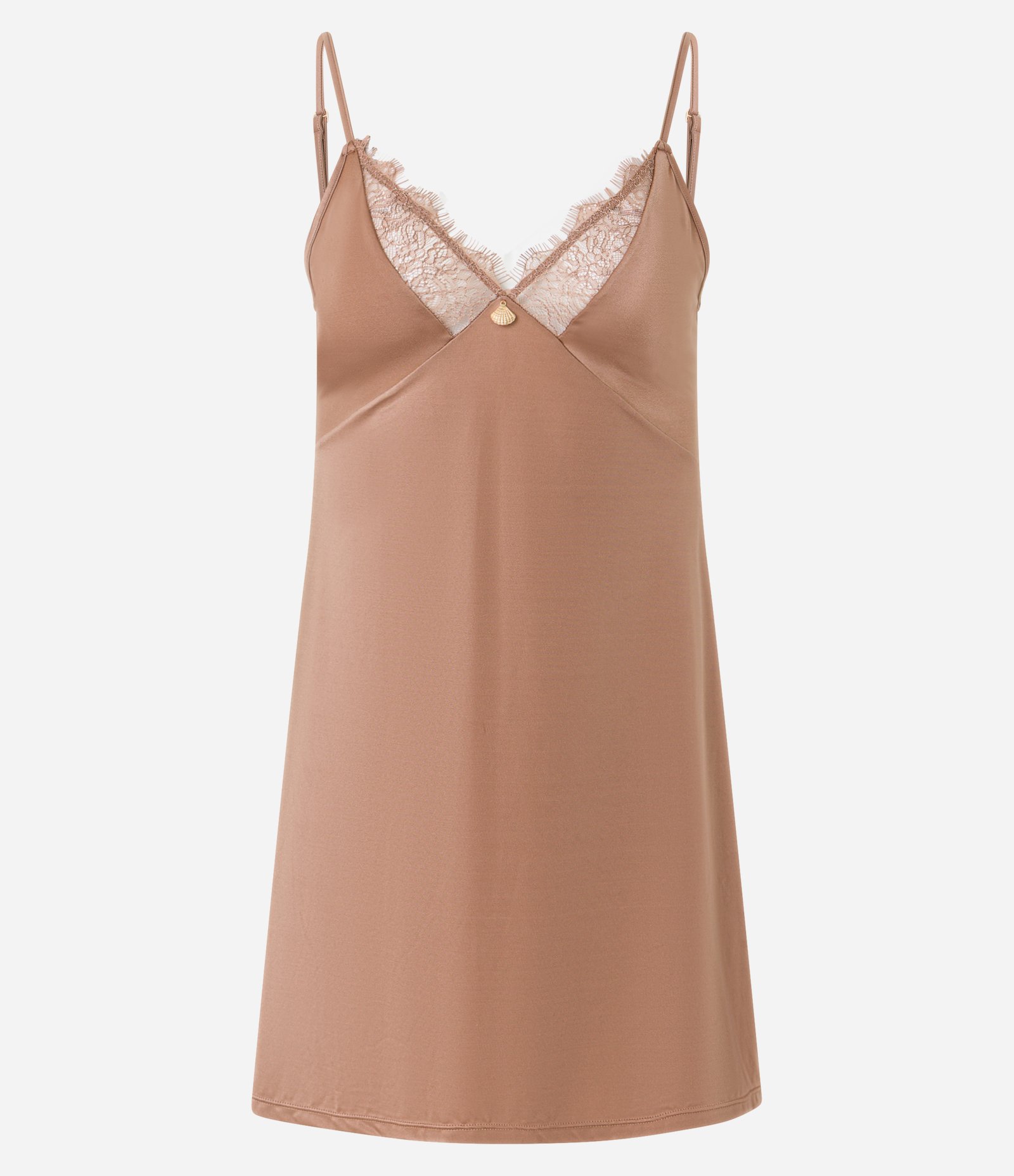 Camisola em Microfibra Acetinada com Detalhe de Renda Bege 4