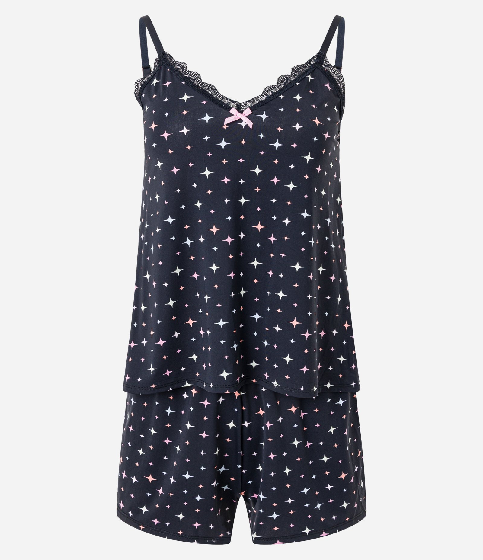 Pijama Short Doll em Microfibra com Rendinha e Estampa Brilhos Preto 4