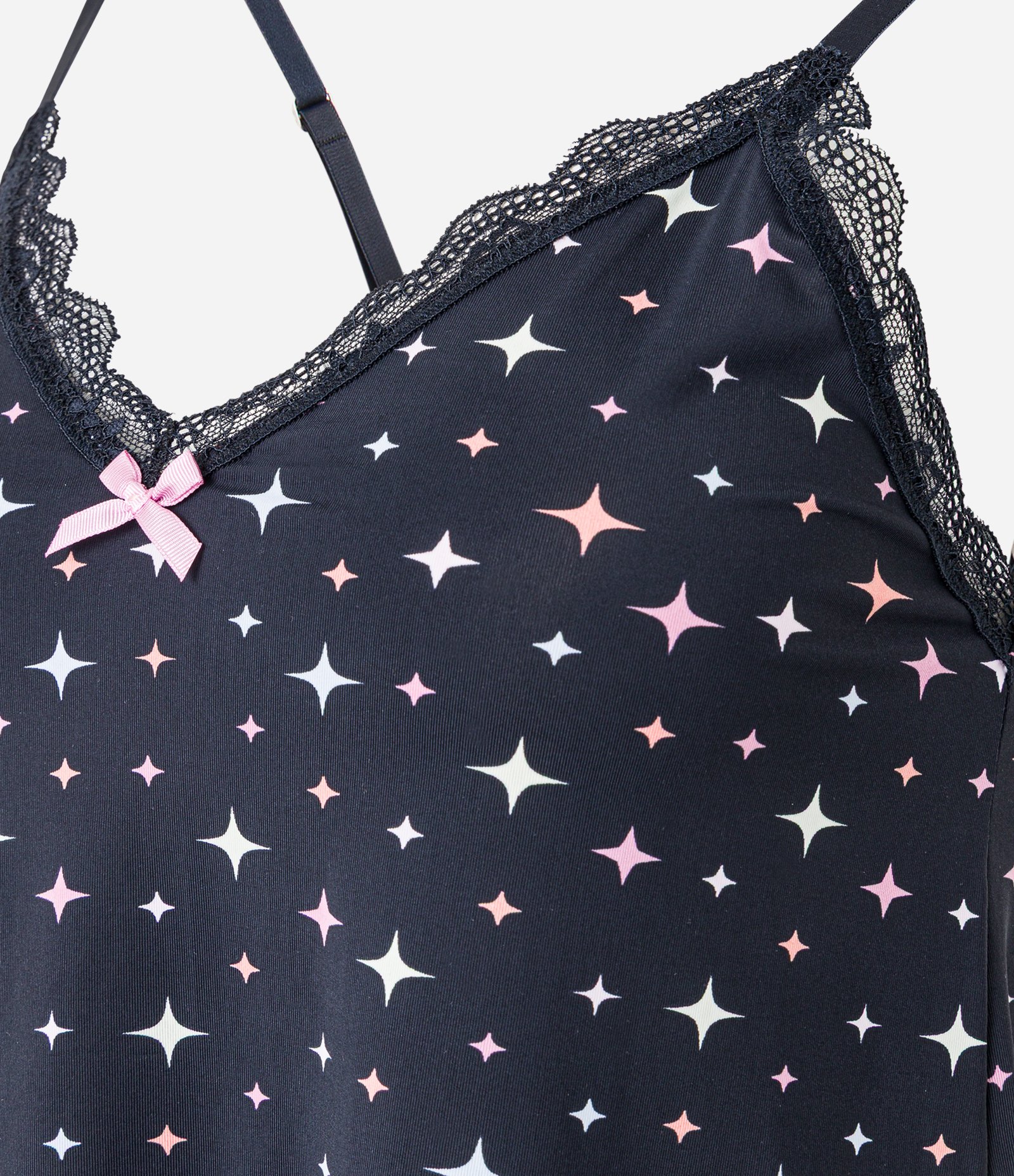 Pijama Short Doll em Microfibra com Rendinha e Estampa Brilhos Preto 5