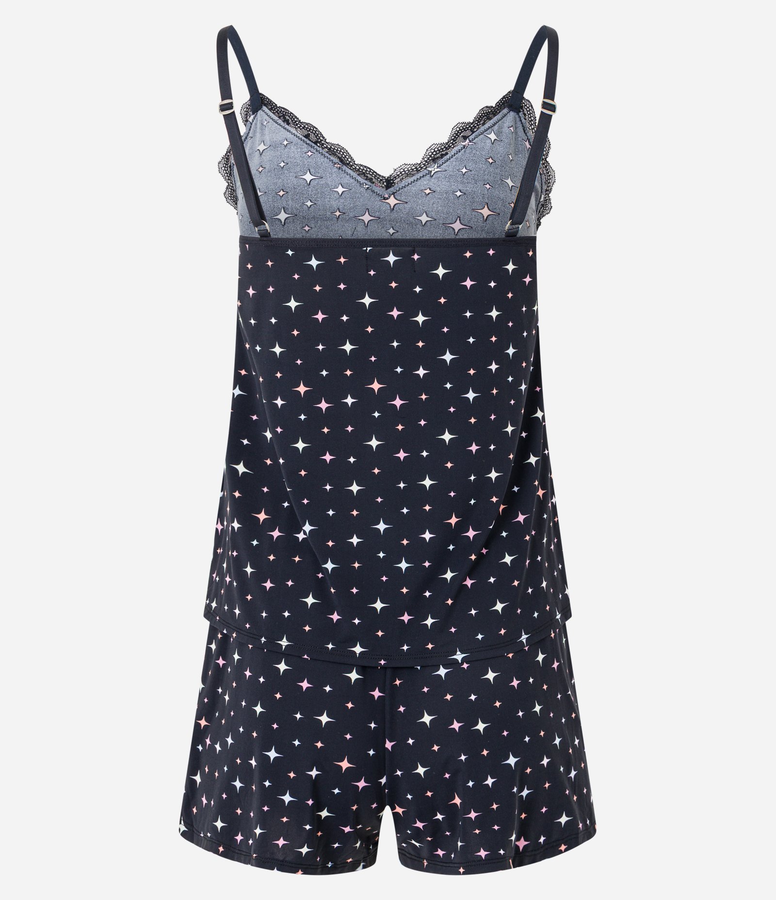 Pijama Short Doll em Microfibra com Rendinha e Estampa Brilhos Preto 6