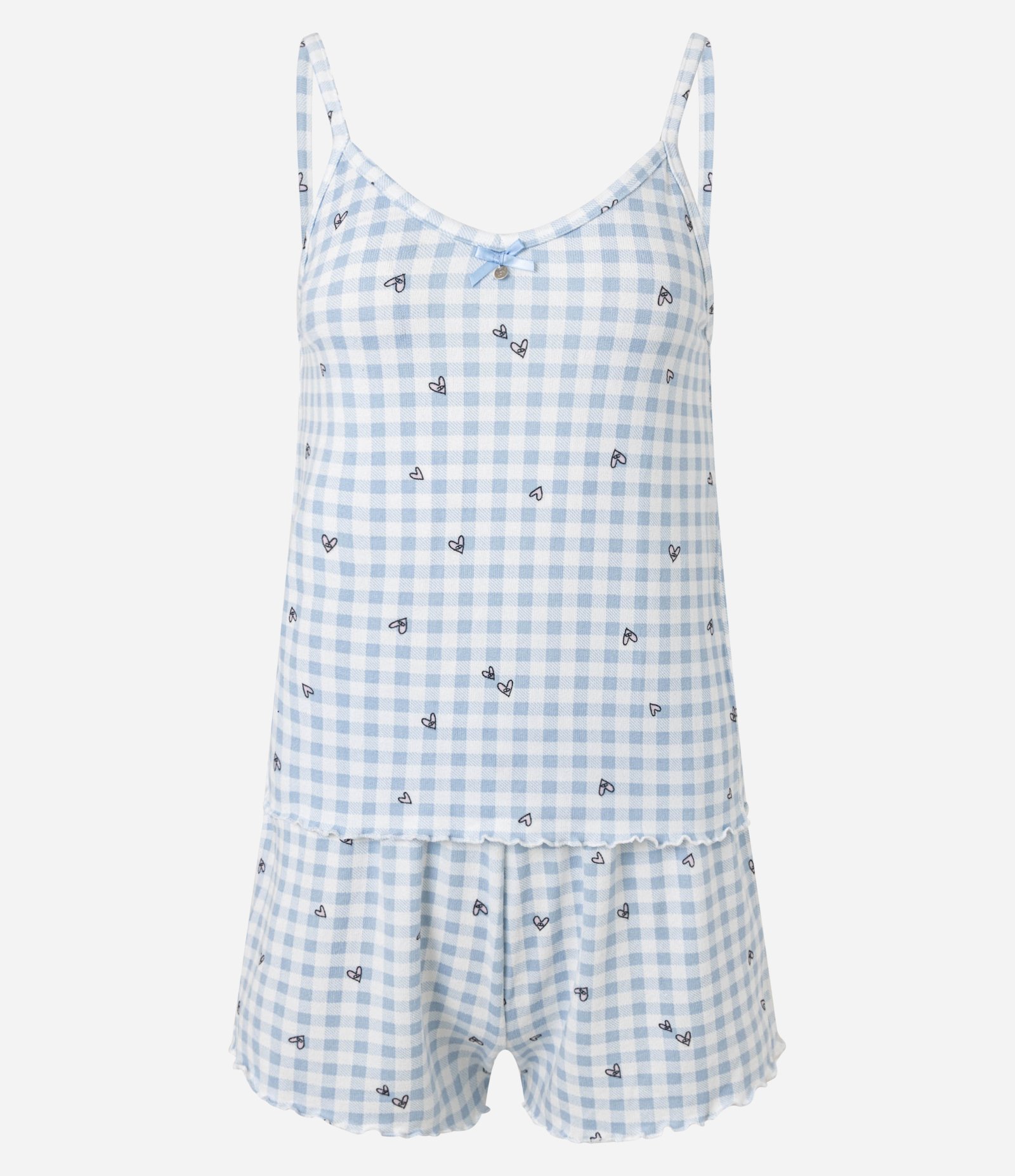 Pijama Short Doll em Tricô com Estampa Xadrez Vichy com Mini Corações Azul 5