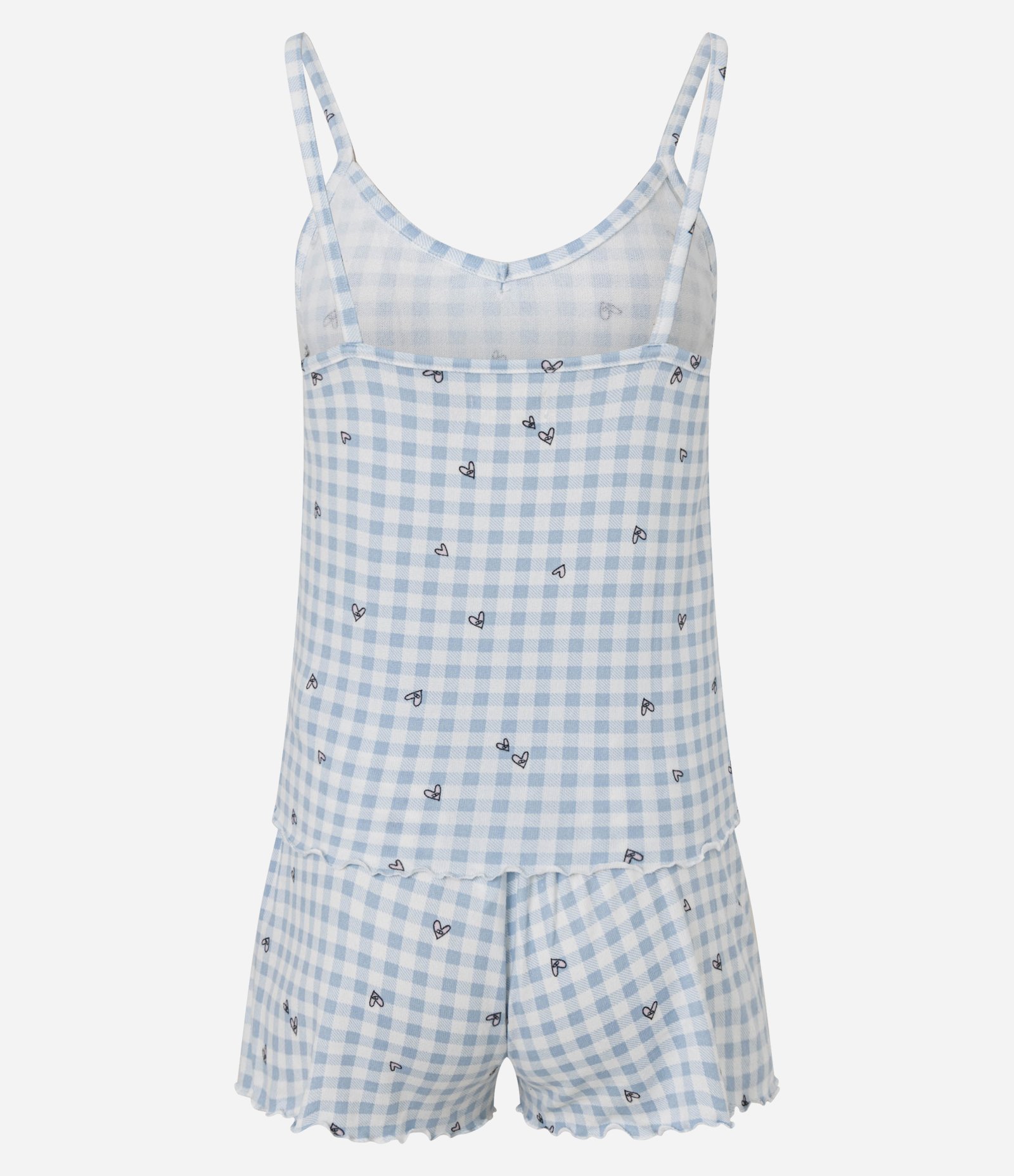 Pijama Short Doll em Tricô com Estampa Xadrez Vichy com Mini Corações Azul 6
