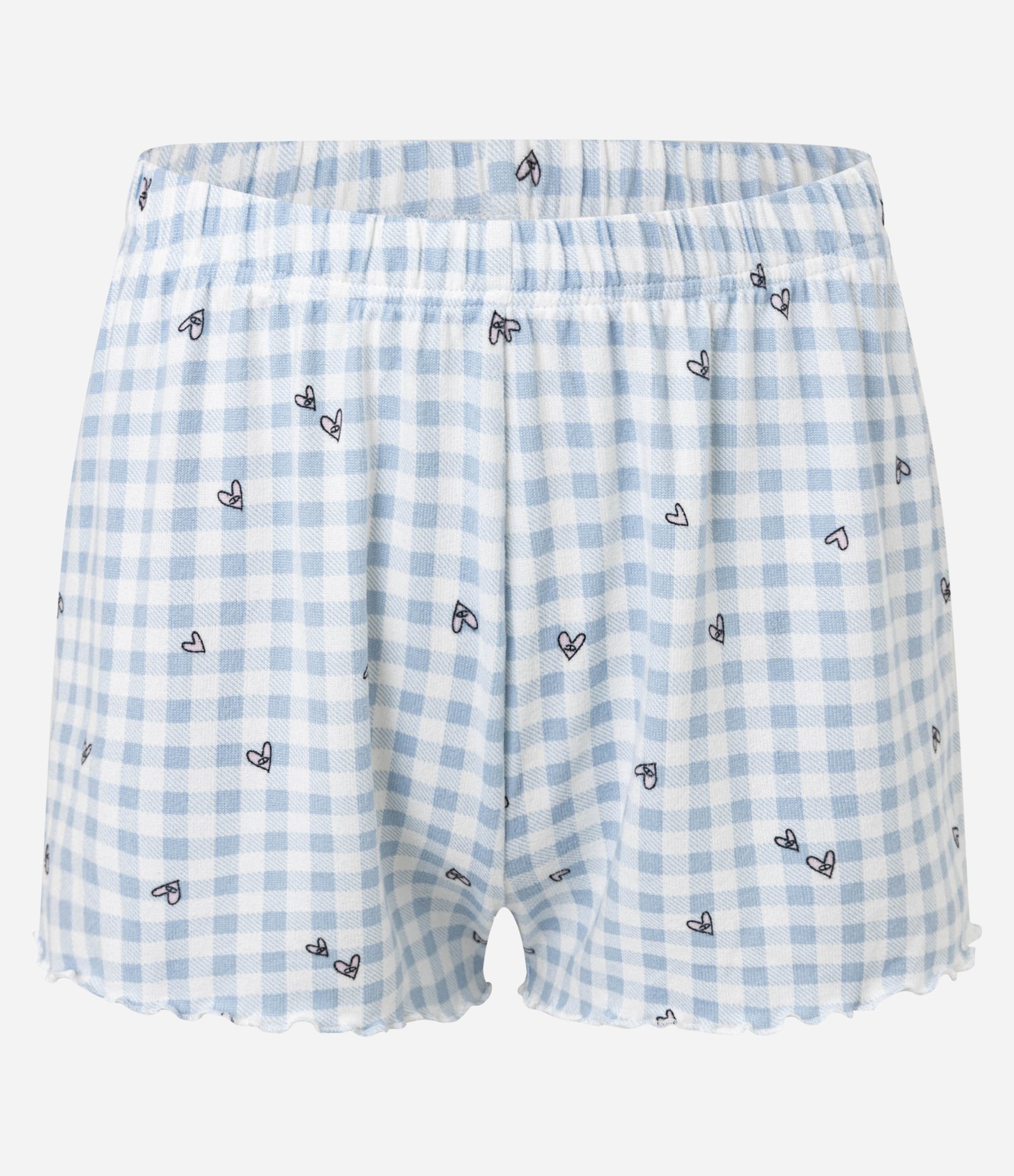 Pijama Short Doll em Tricô com Estampa Xadrez Vichy com Mini Corações Azul 7
