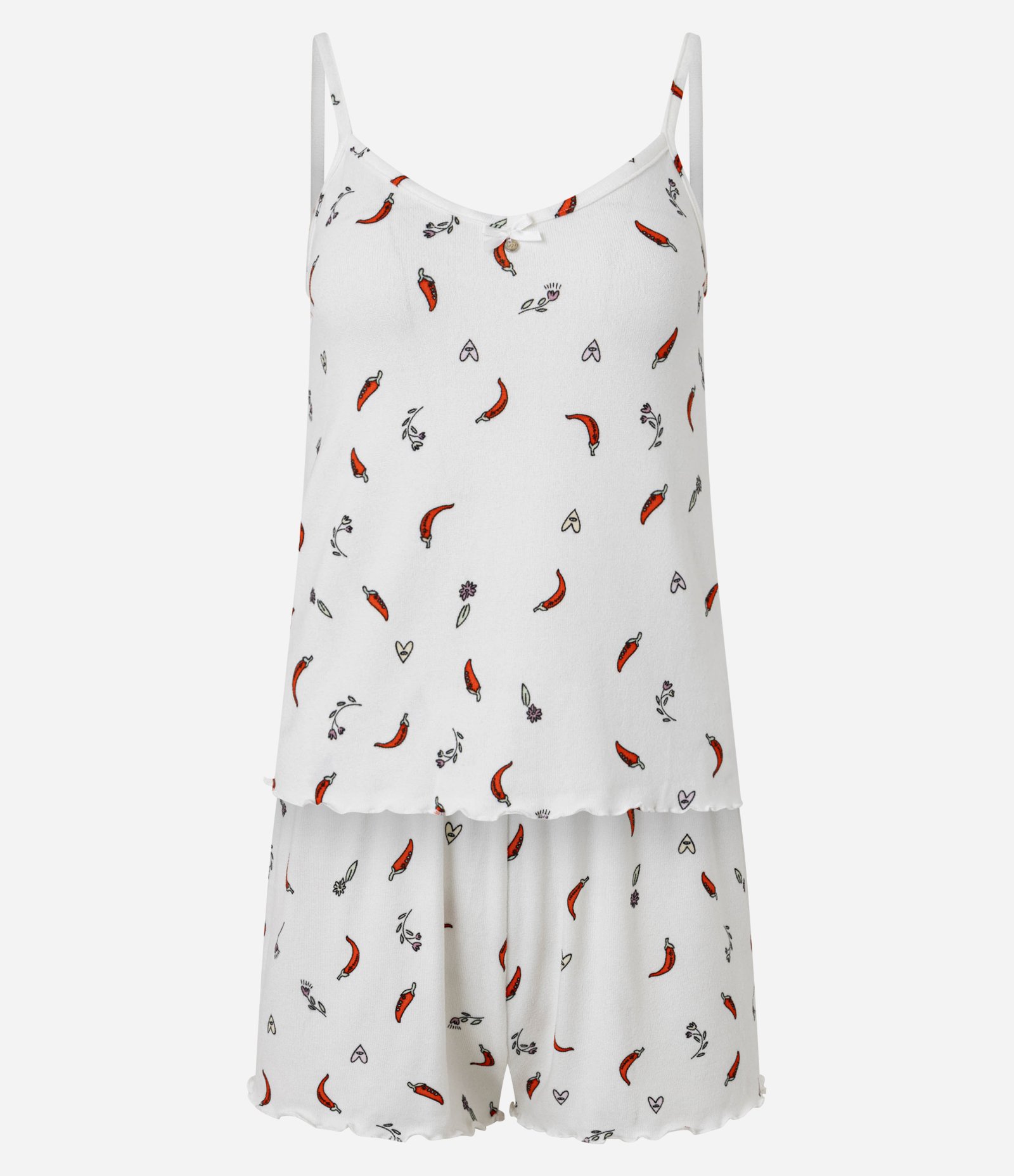 Pijama Short Doll em Tricô Leve com Estampa de Pimentinhas Branco 2
