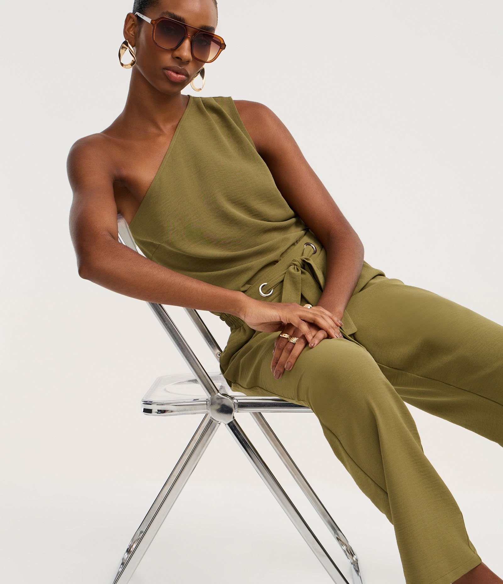 Calça Reta Cintura Alta com Amarração na Cintura Verde 5