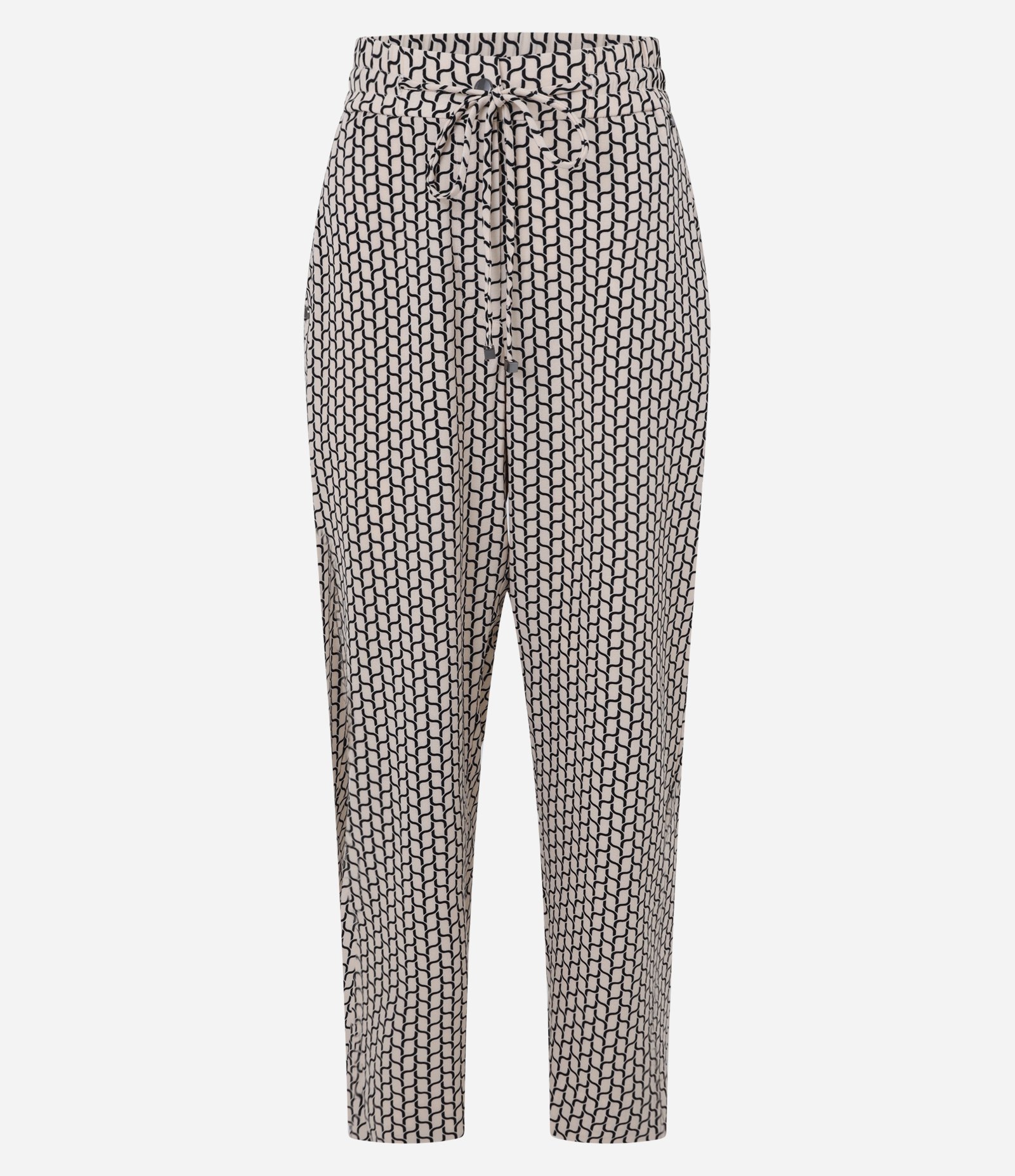 Calça Fluida em Crepe com Amarração e Estampa Geométrica Bege/Preto 5