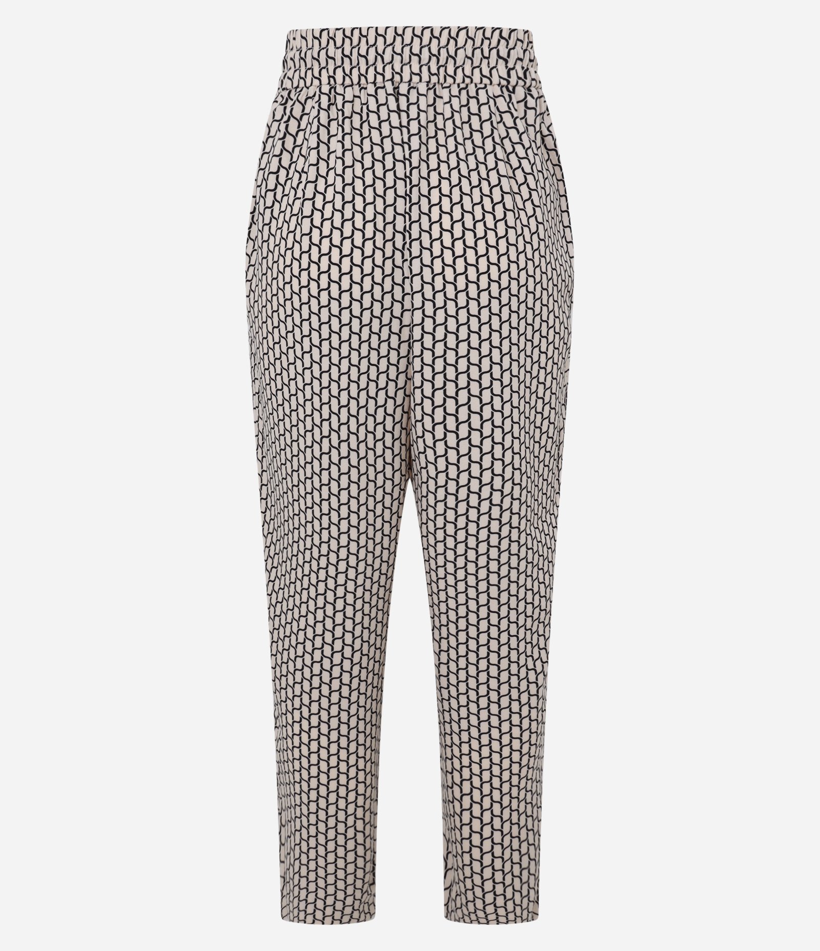 Calça Fluida em Crepe com Amarração e Estampa Geométrica Bege/Preto 6