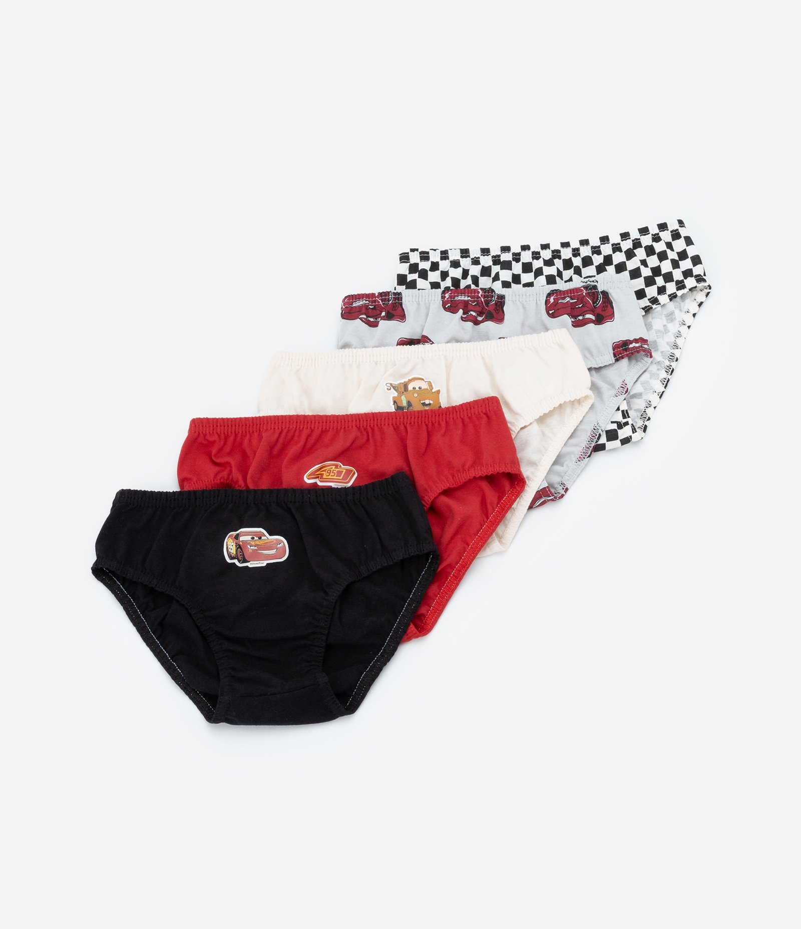 Kit 05 Cuecas Slip Infantis Estampa Carros - Tam 2 a 8 Anos Branco/Preto/Vermelho 1