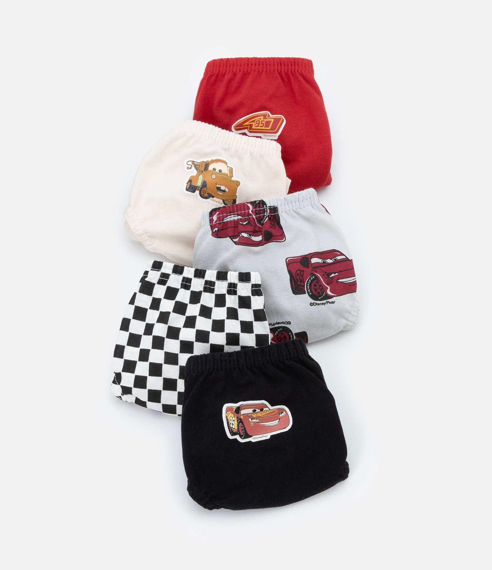 Kit 05 Cuecas Slip Infantis Estampa Carros - Tam 2 a 8 Anos Branco/Preto/Vermelho 3