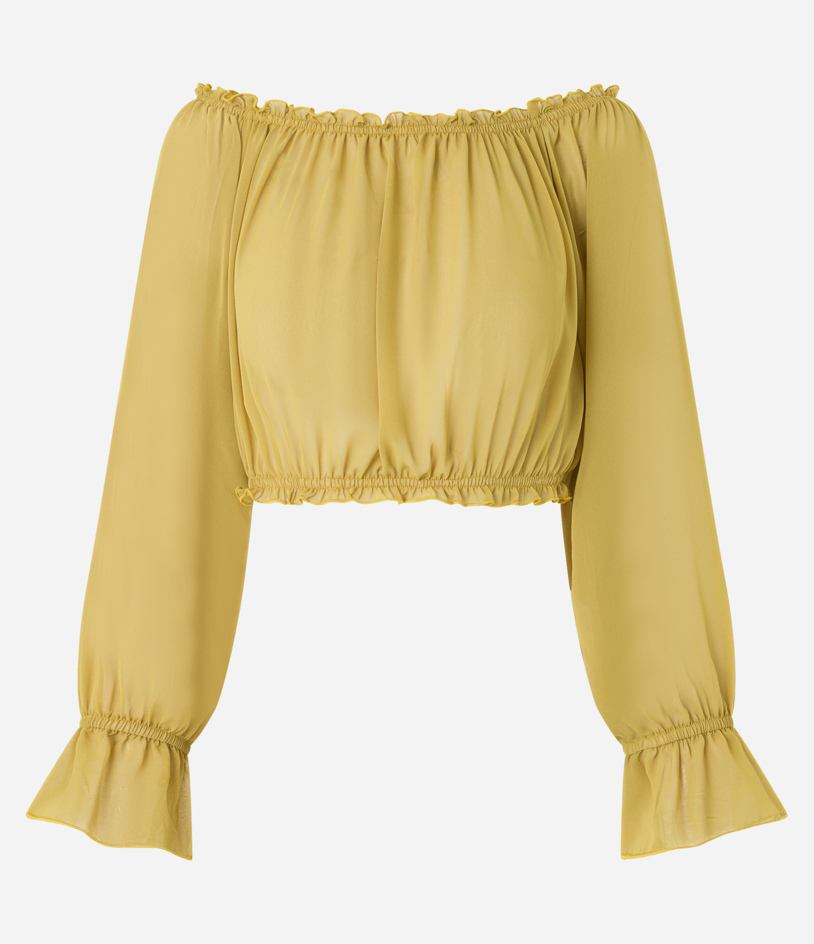 Blusa Cropped em Chiffon com Decote Ombro a Ombro Amarelo 8