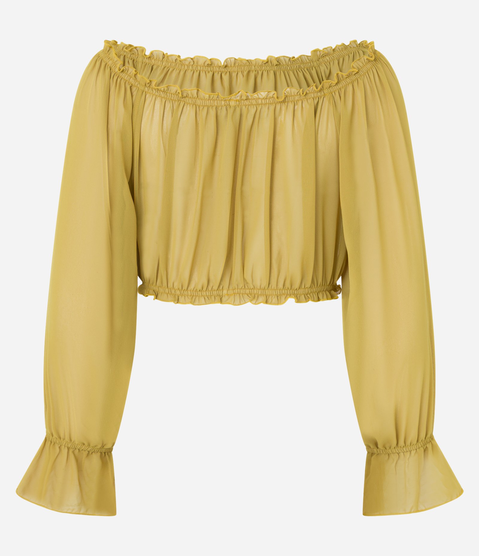 Blusa Cropped em Chiffon com Decote Ombro a Ombro Amarelo 9
