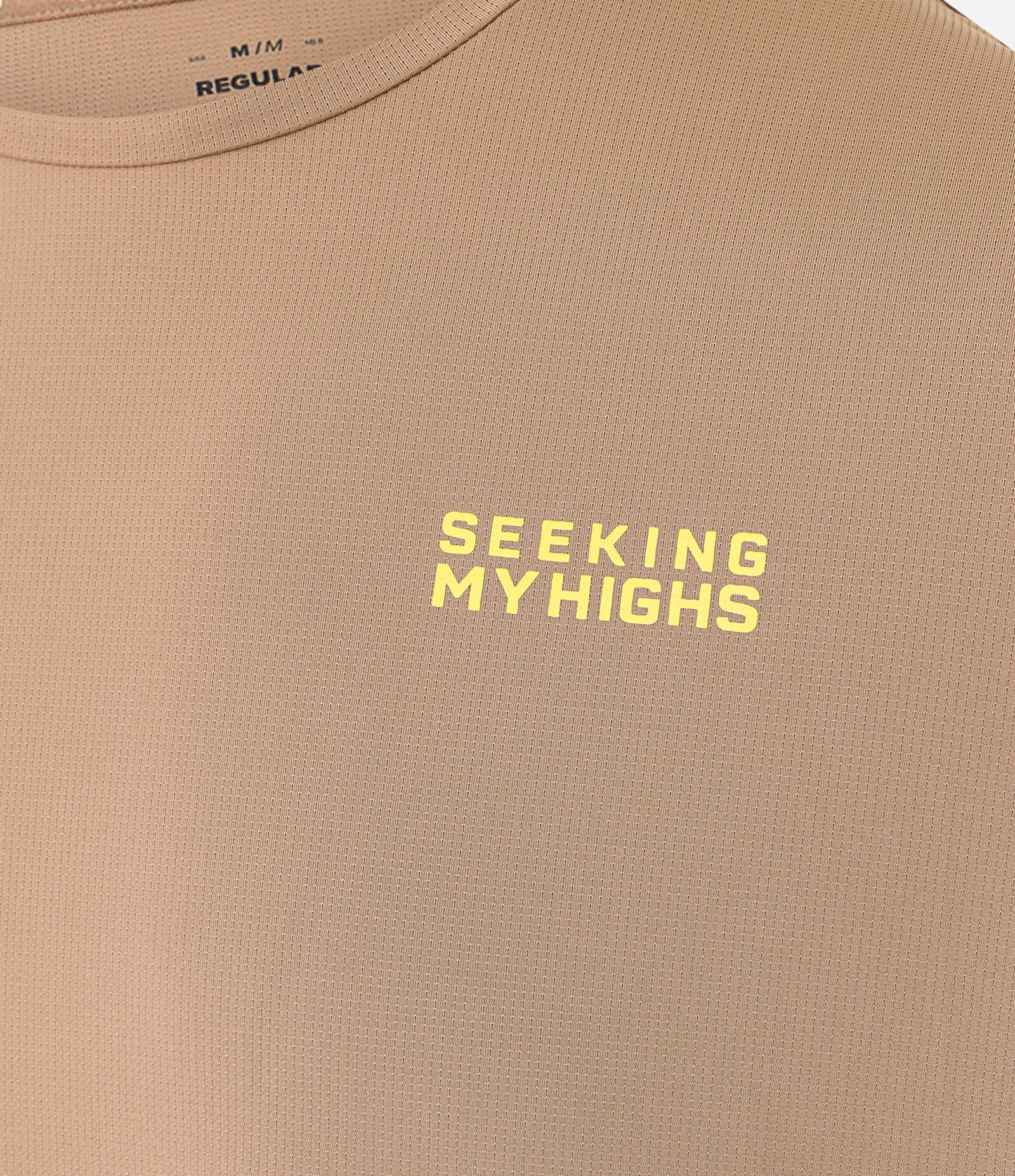 Camiseta Regular com Tecnologia Dry e Estampa Lettering Seeking My Highs Marrom 7