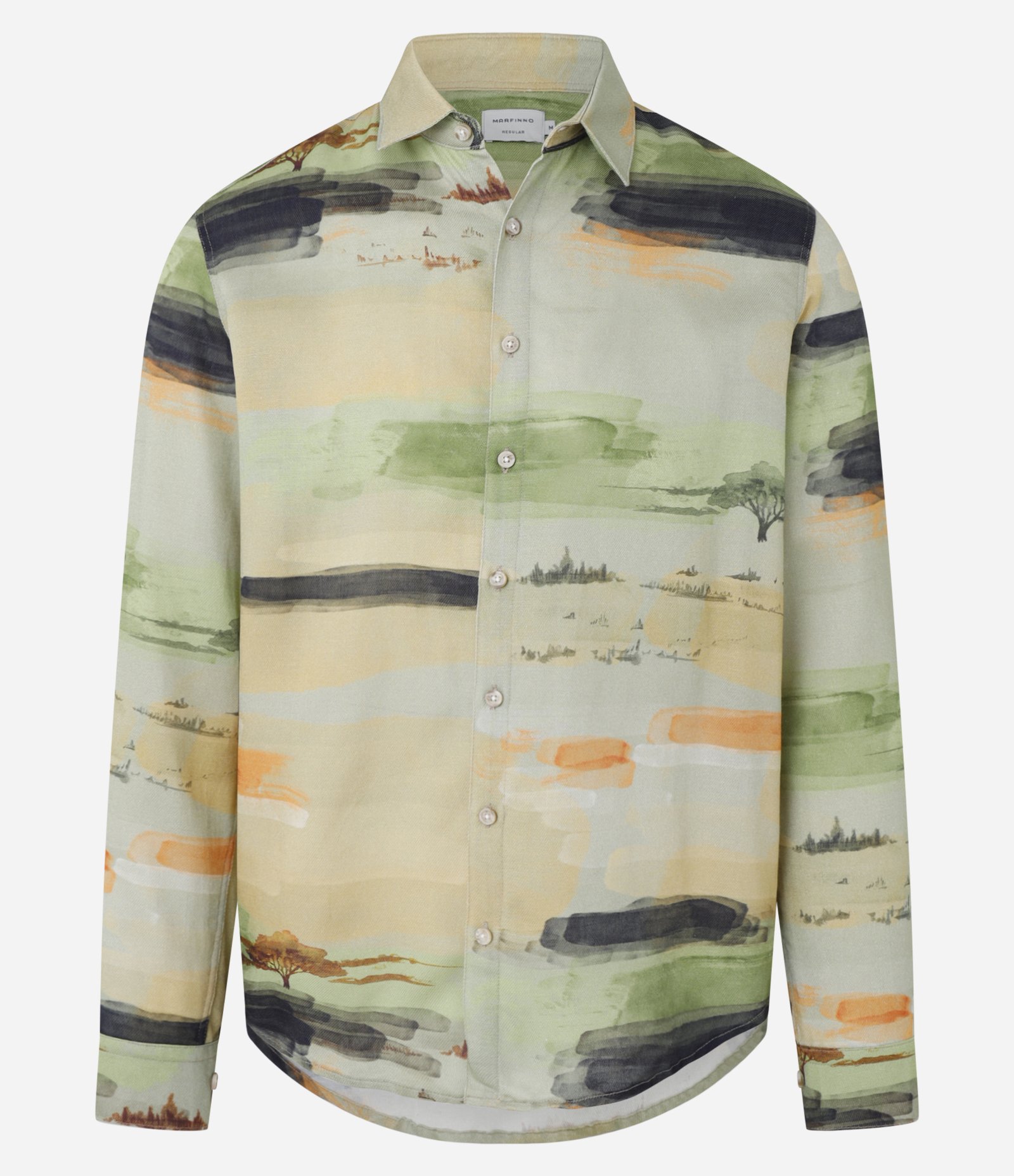 Camisa Regular em Cambraia com Estampa de Paisagem Estilo Aquarela Verde 6