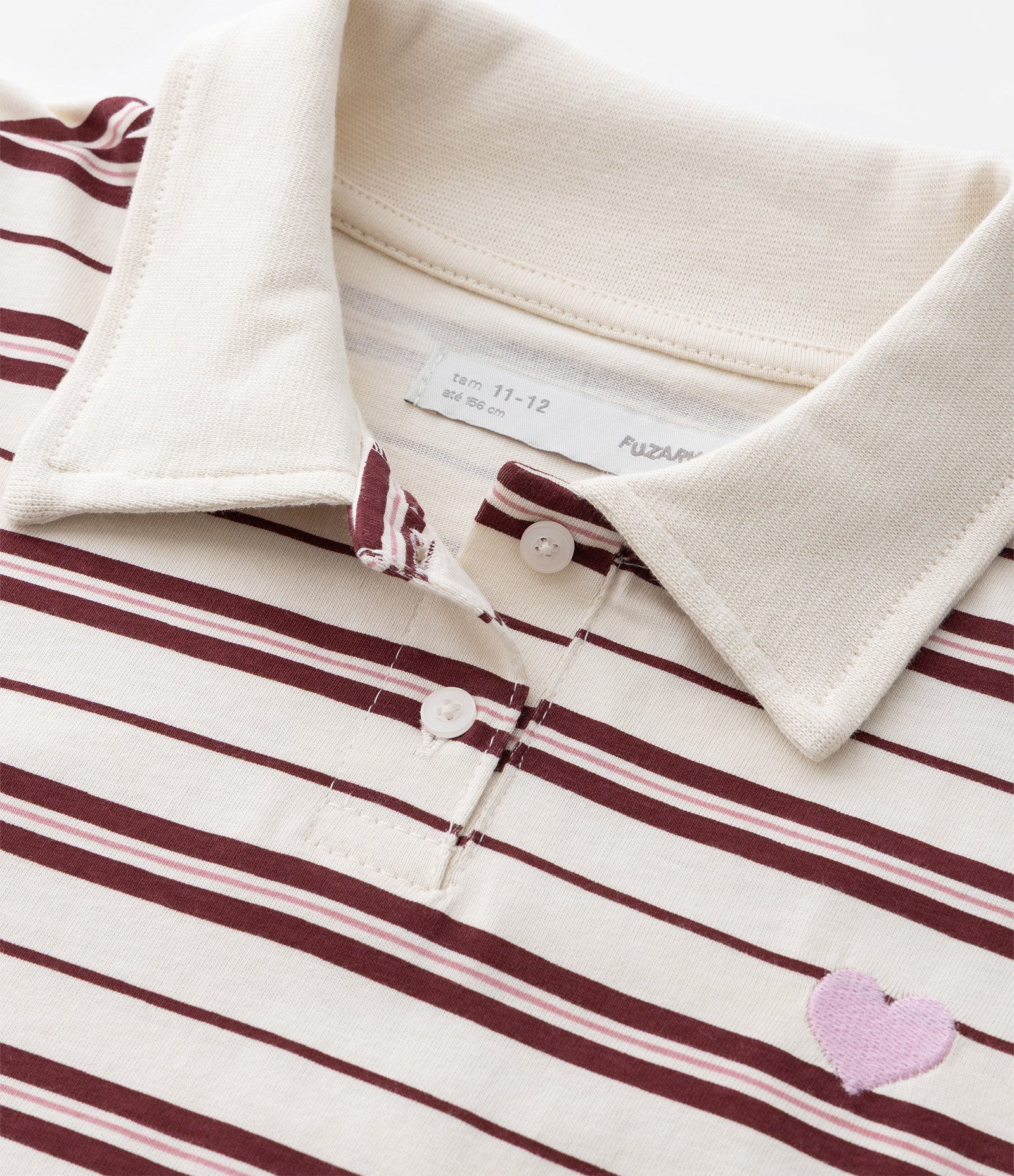 Camiseta Infantil com Bordado Coração - Tam 5 a 14 Anos Bege/Bordô 6