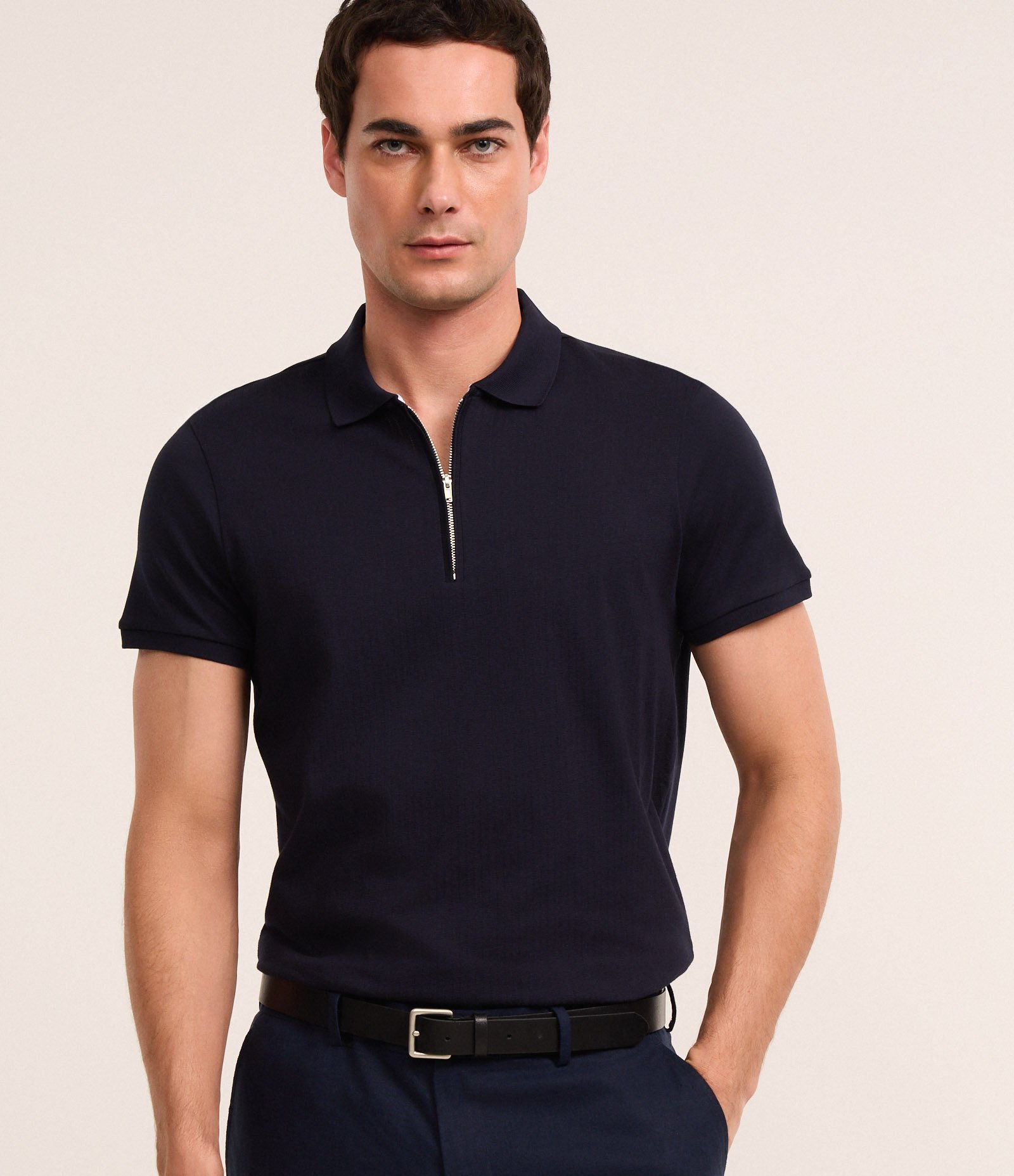 Camisa Polo em Algodão Peruano com Zíper na Gola Azul Marinho 1