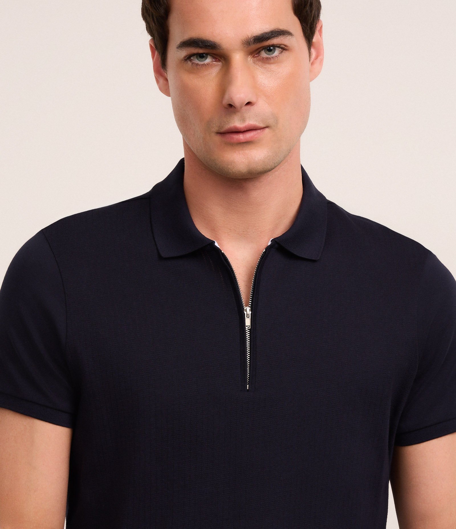 Camisa Polo em Algodão Peruano com Zíper na Gola Azul Marinho 4
