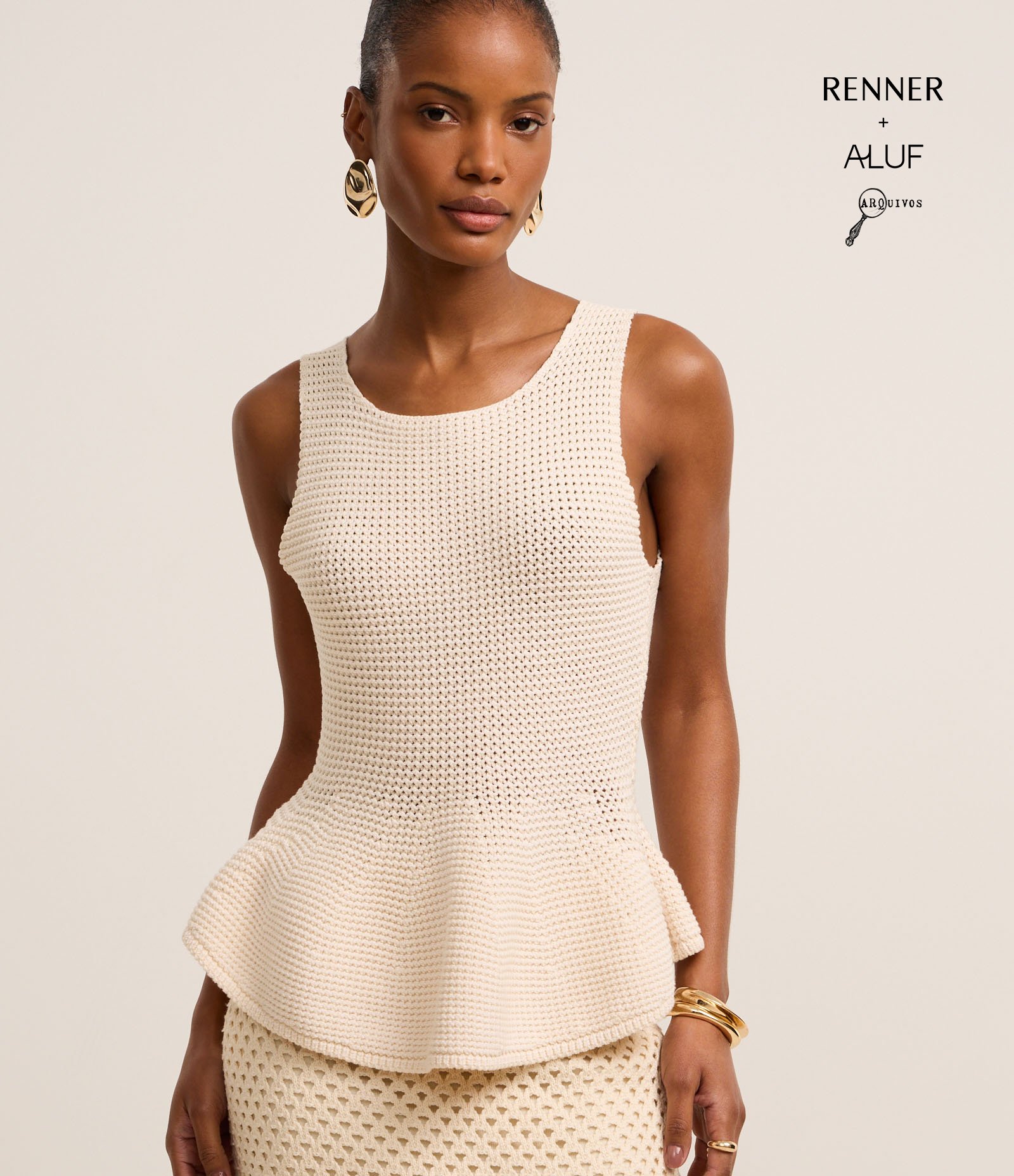 Blusa Peplum em Tricô com Ponto Vazado Off White 1