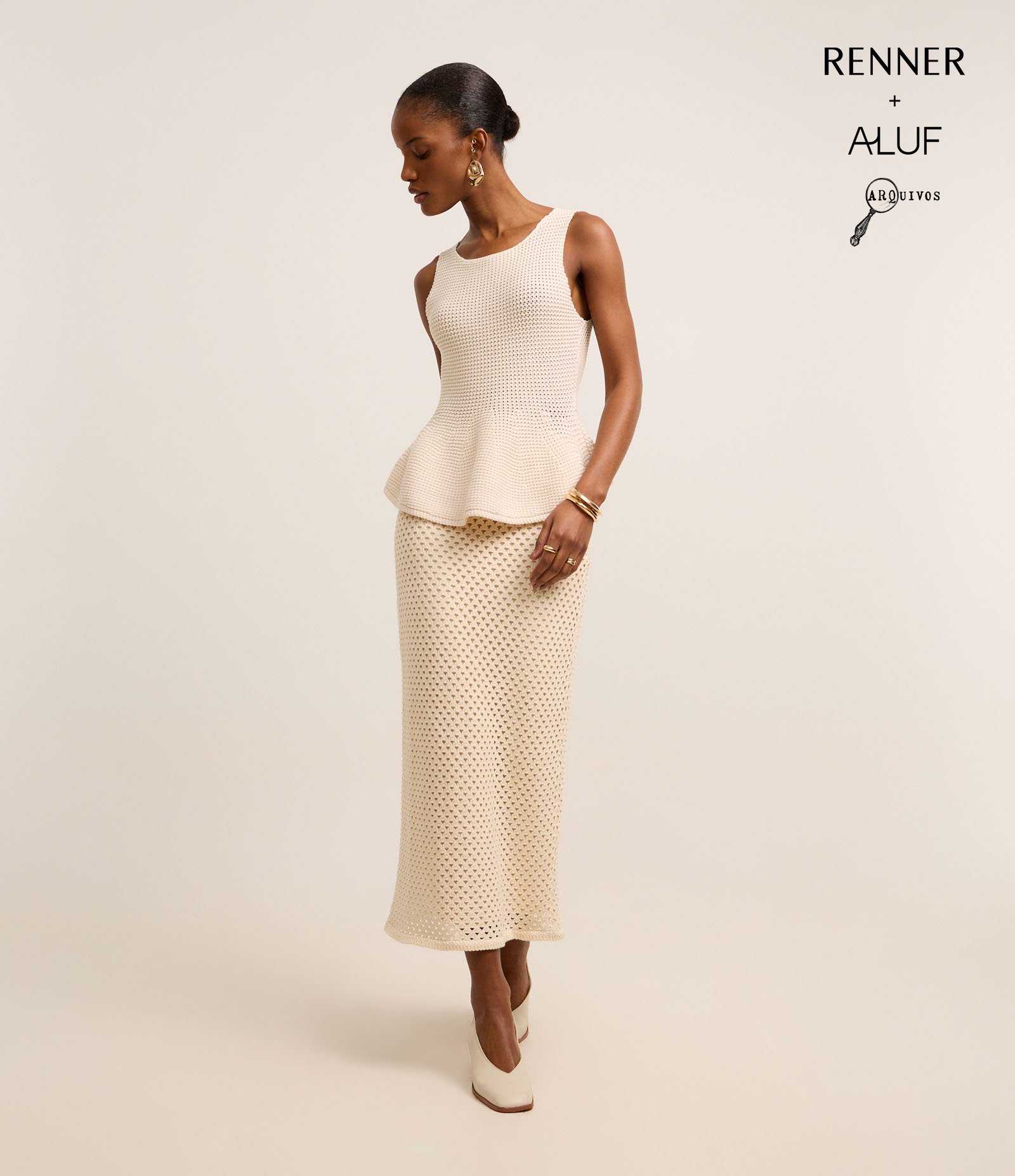 Saia Reta Longa em Tricô com Textura e Forro Removível Bege 1