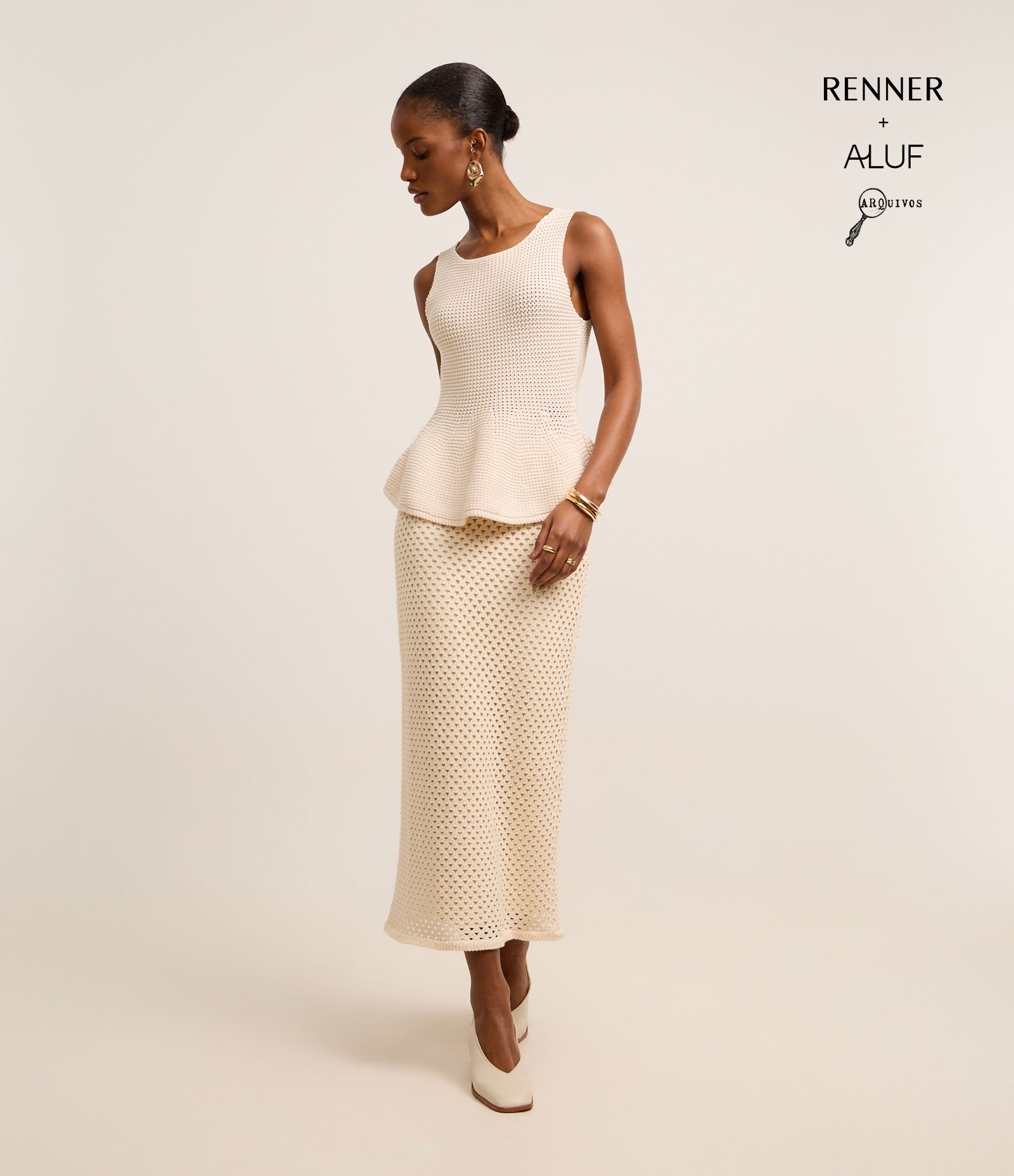 Saia Reta Longa em Tricô com Textura e Forro Removível Bege 2