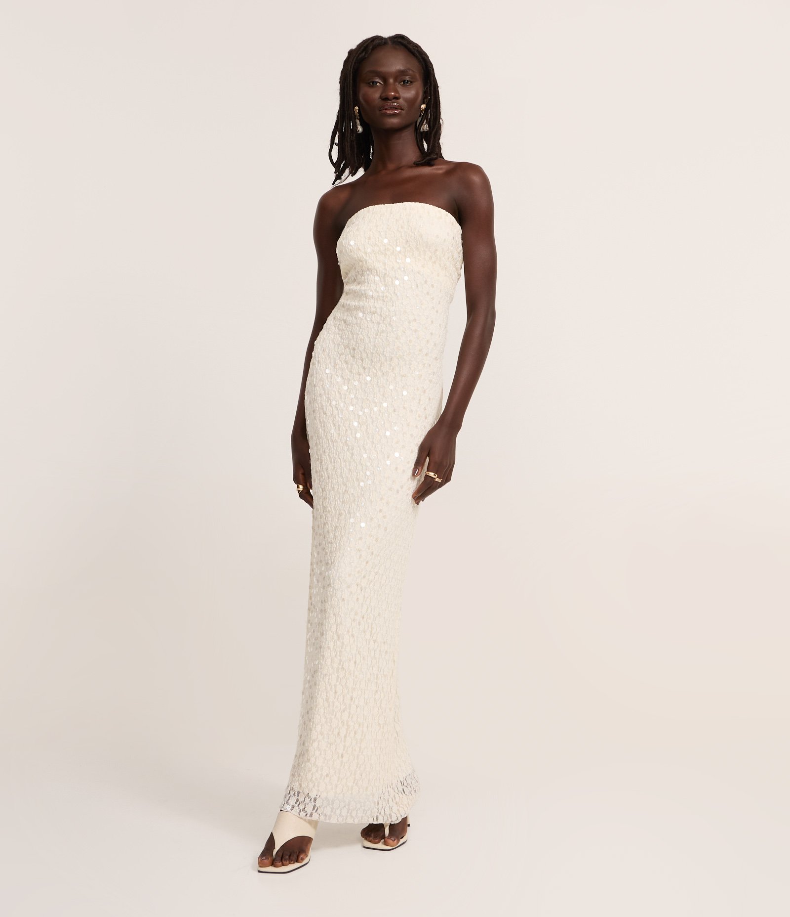 Vestido Longo Tomara que Caia em Renda e Paetê Branco 2