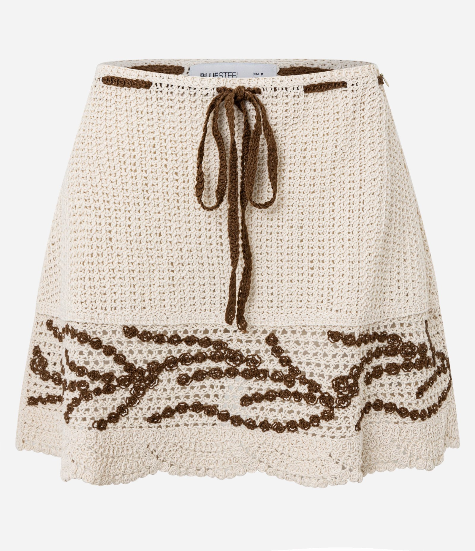 Saia Curta em Tricô com Efeito Crochê e Bordado Contrastante Bege 7