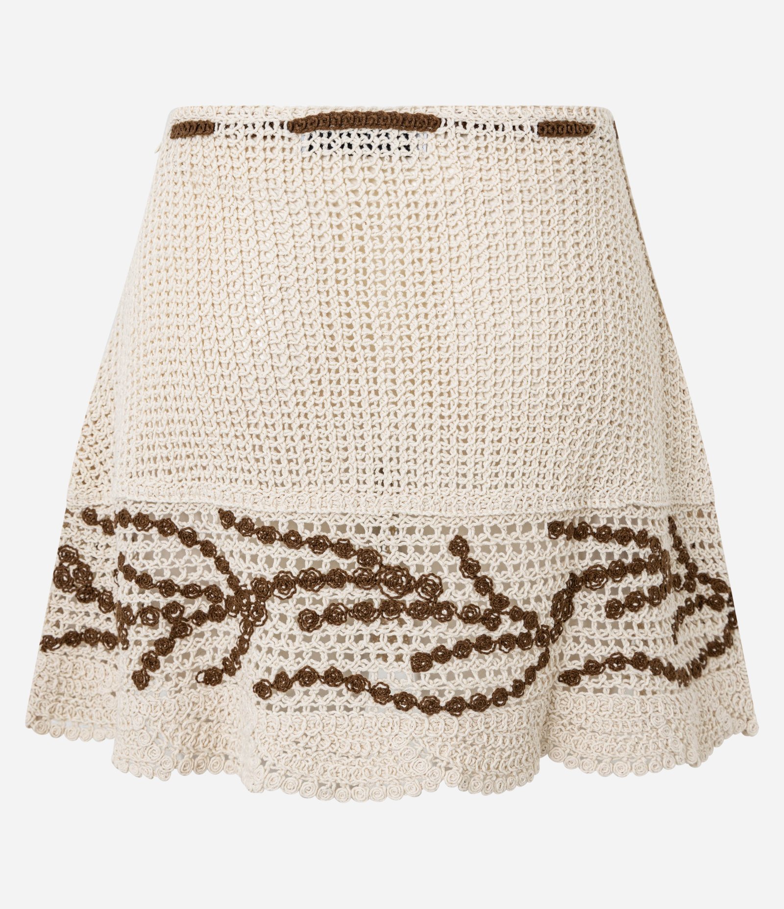 Saia Curta em Tricô com Efeito Crochê e Bordado Contrastante Bege 9