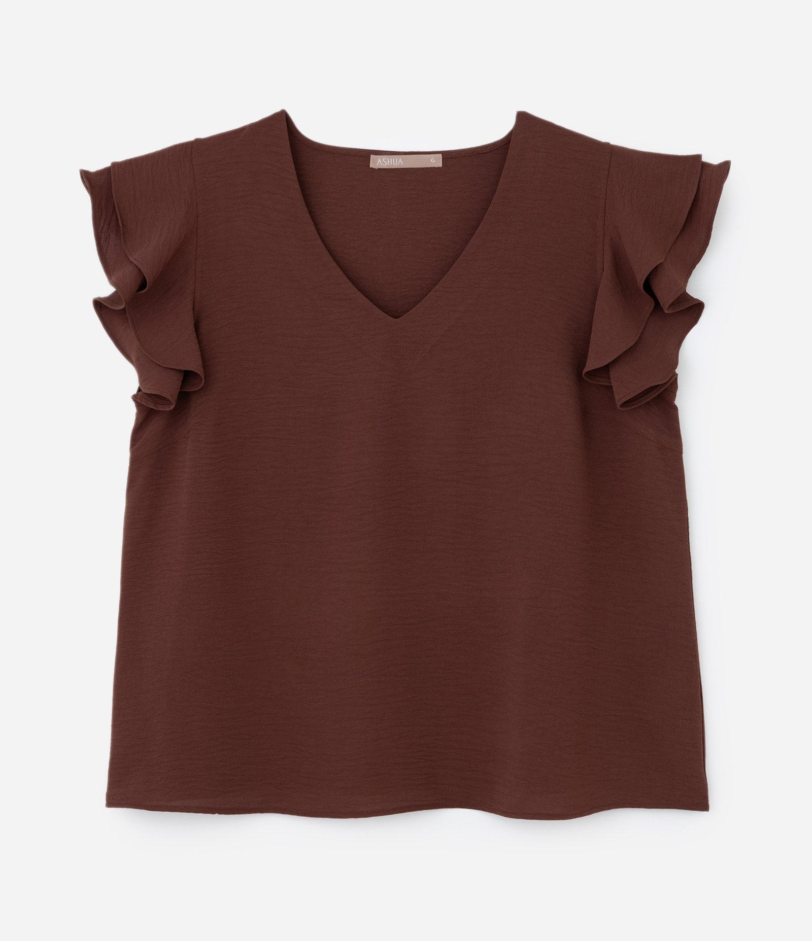 Blusa em Crepe com Babado na Manga Curve & Plus Size Marrom 4