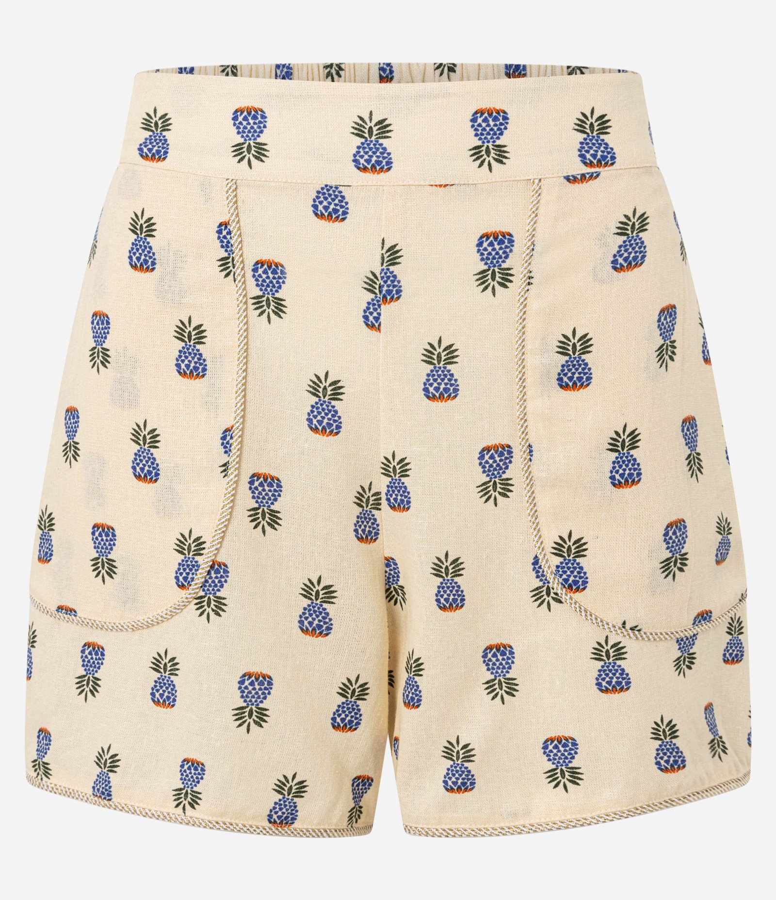 Short em Viscolinho com Cintura Alta Estampa de Abacaxi Creme 7
