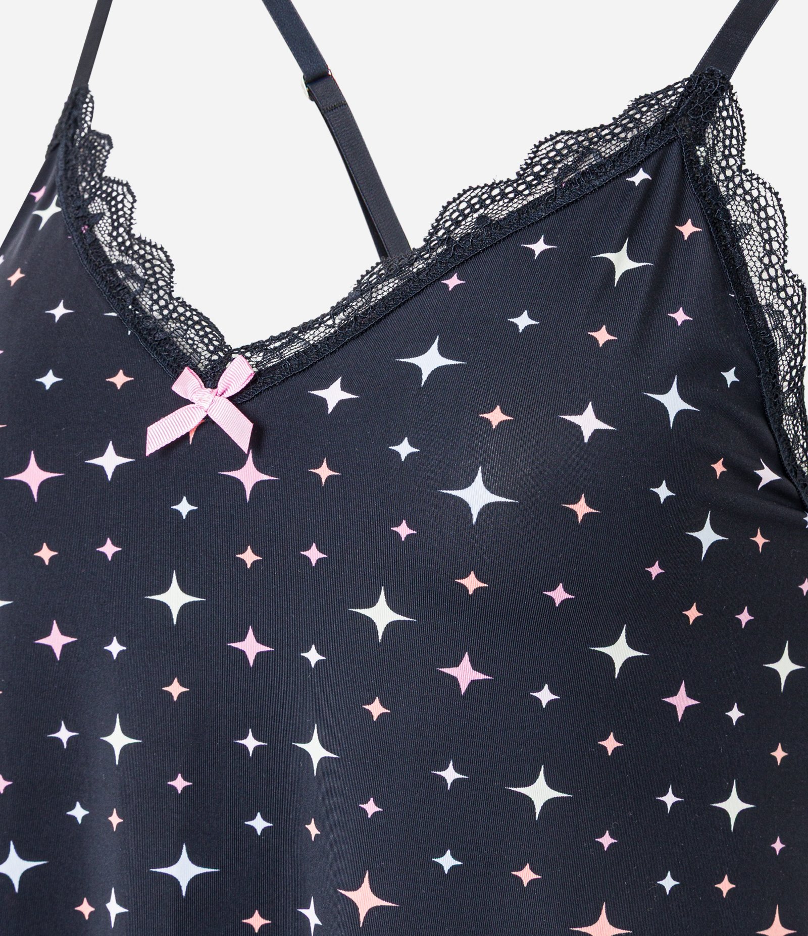 Camisola em Microfibra com Estampa de Brilhos e Detalhe de Renda Preto 5