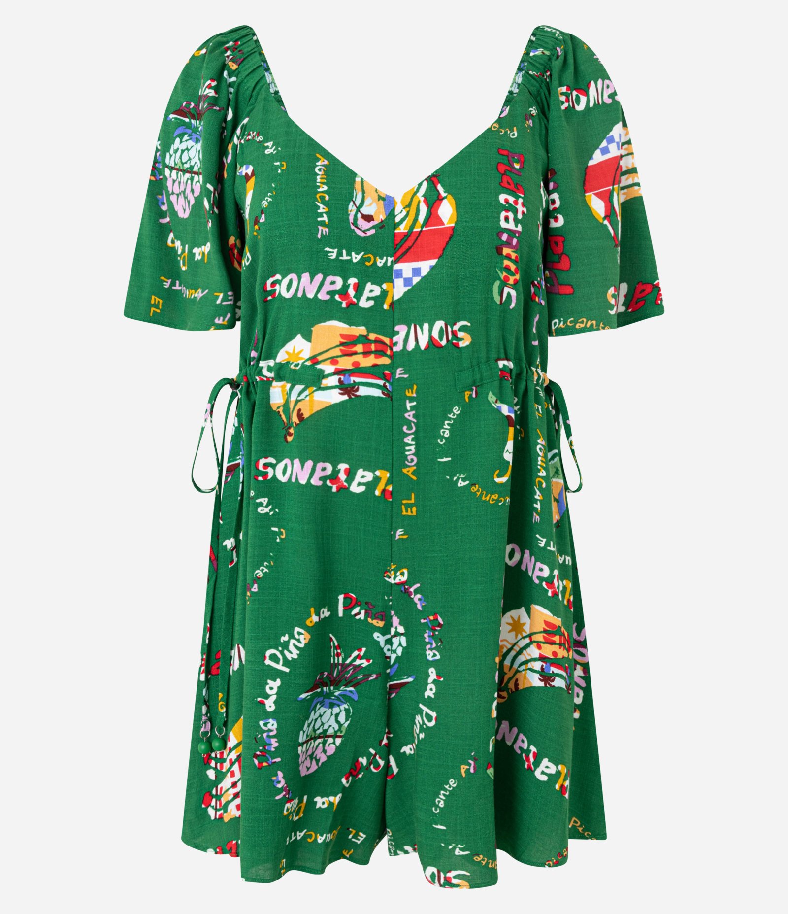 Macaquinho em Viscose com Amarração na Cintura e Estampa Tropical Verde 5